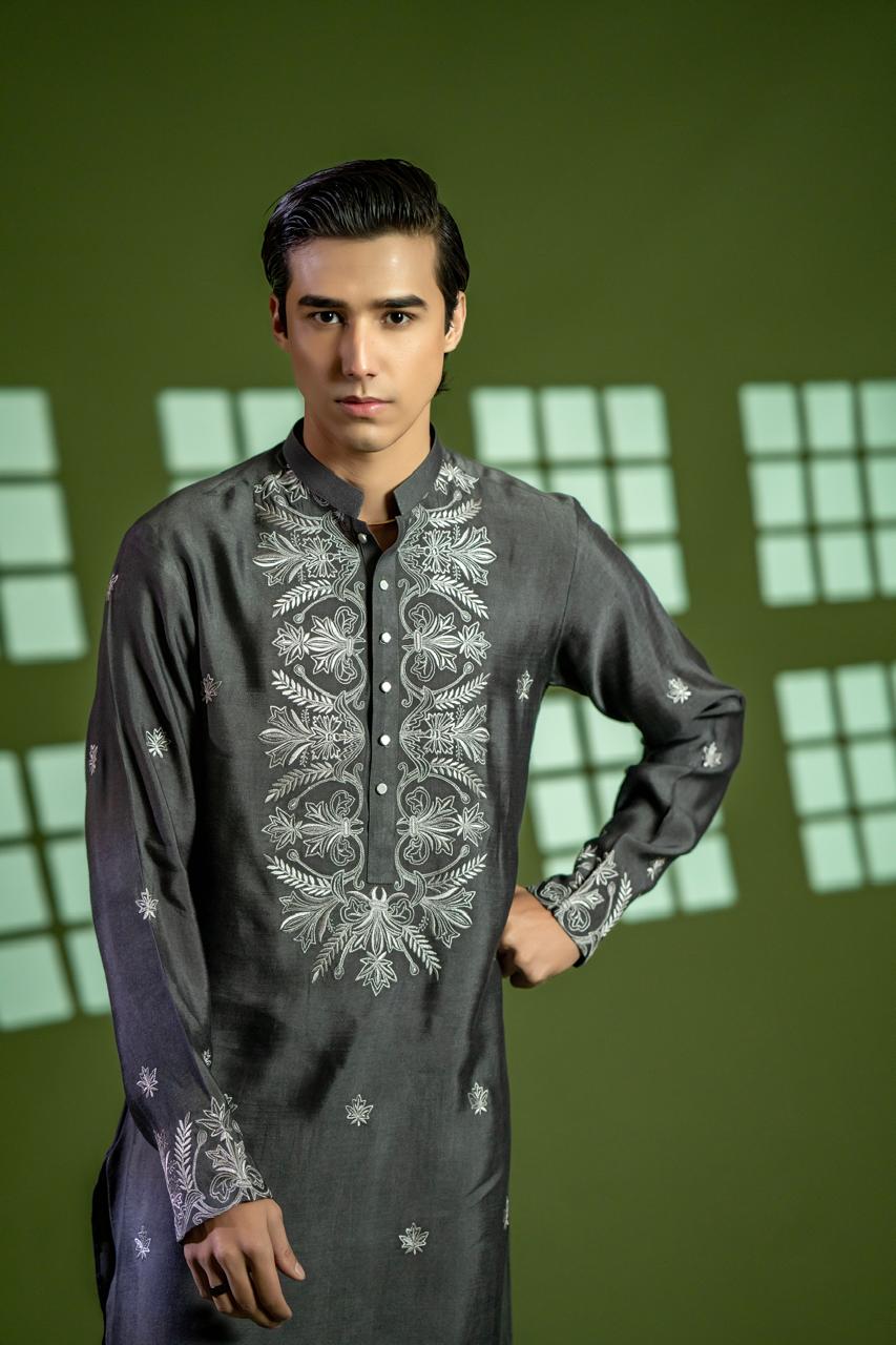 Charcoal Grey Embroidered Cotton Net Kurta (2-Piece) - Image 5