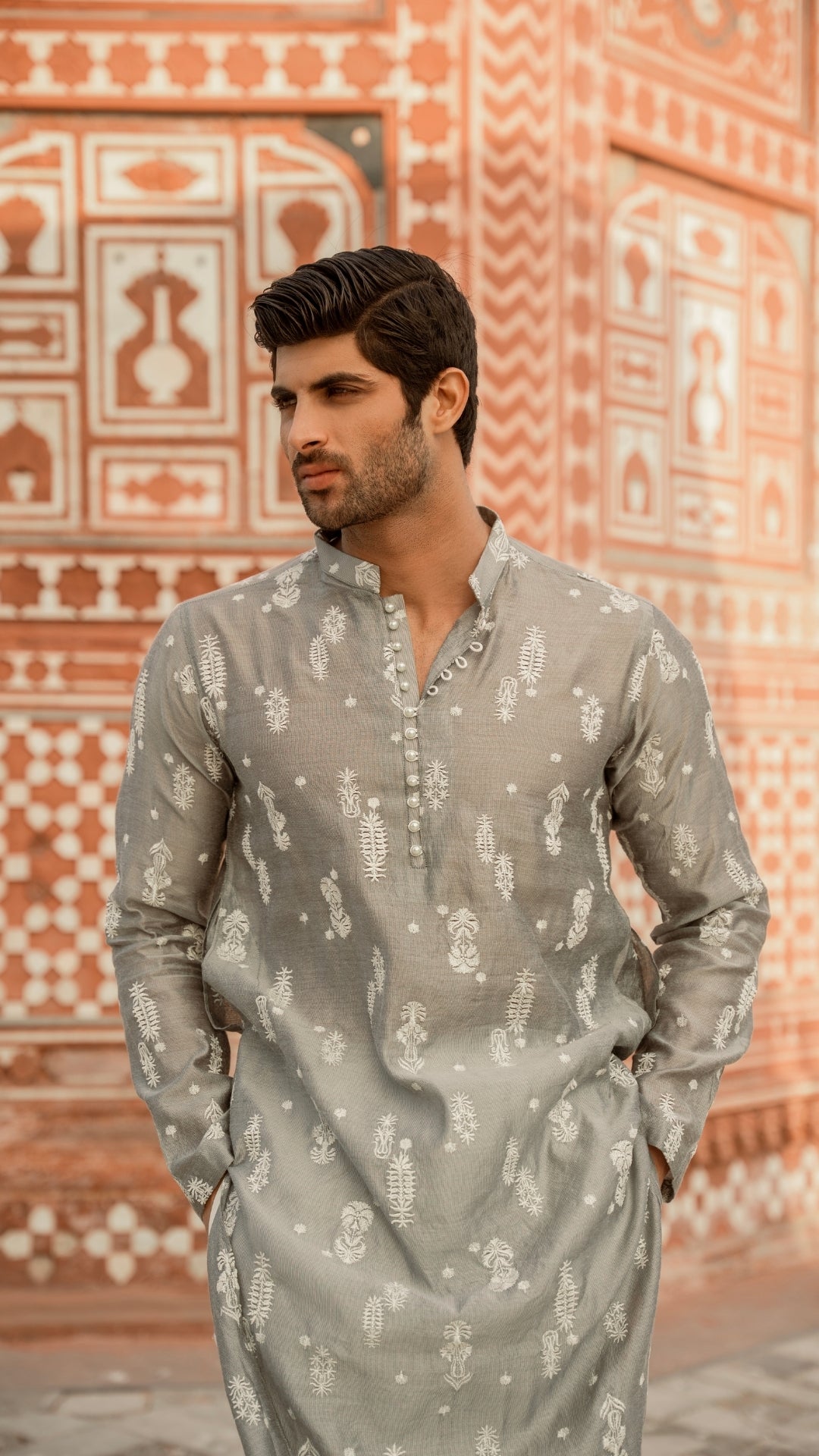 Grey Chikankari Cotton-Silk Kurta with Trouser (2-Piece) - Image 1