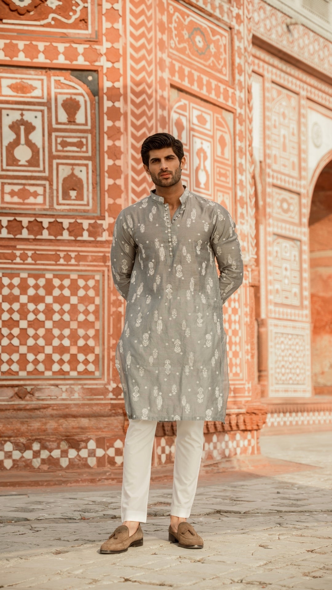 Grey Chikankari Cotton-Silk Kurta with Trouser (2-Piece) - Image 2
