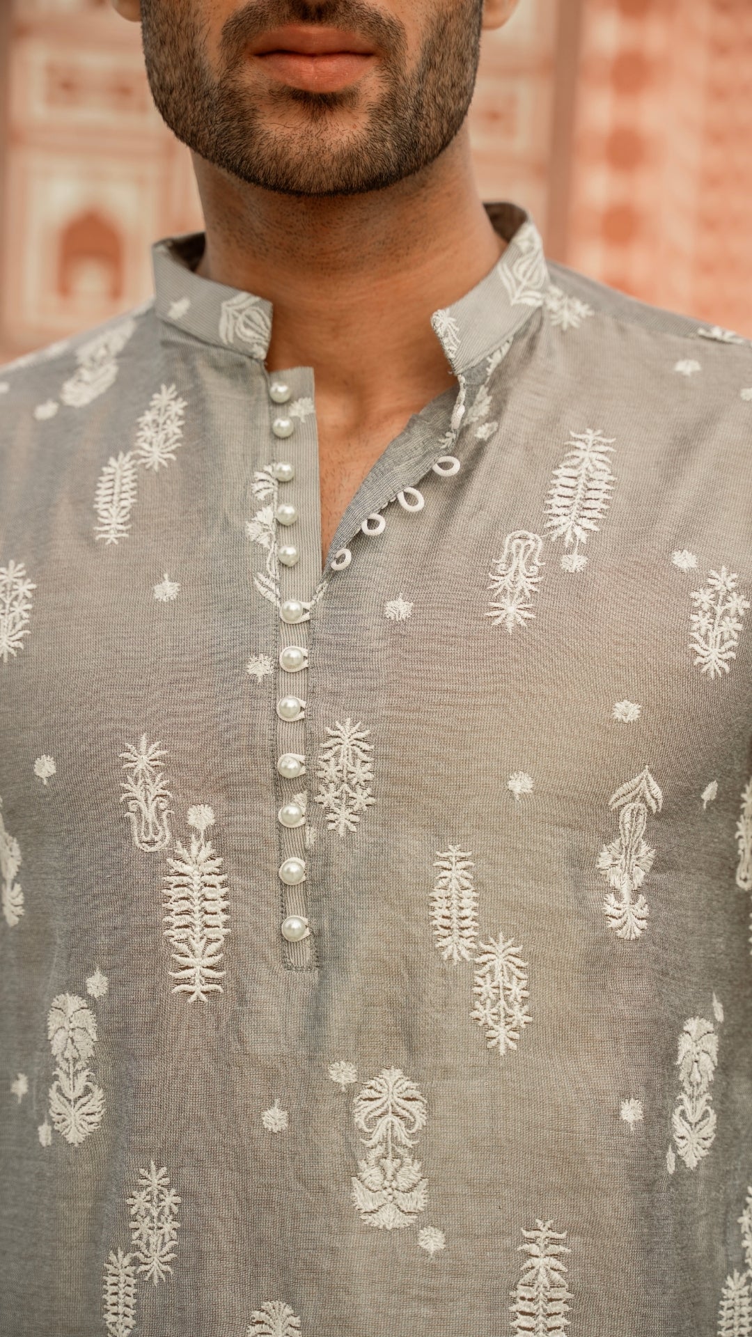 Grey Chikankari Cotton-Silk Kurta with Trouser (2-Piece) - Image 3