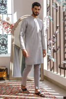 Grey Embroidered Cotton Kurta with Pajama (2-Piece) - Image 3
