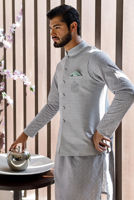 Grey Embroidered Cotton Kurta with Pajama (2-Piece) - Image 5