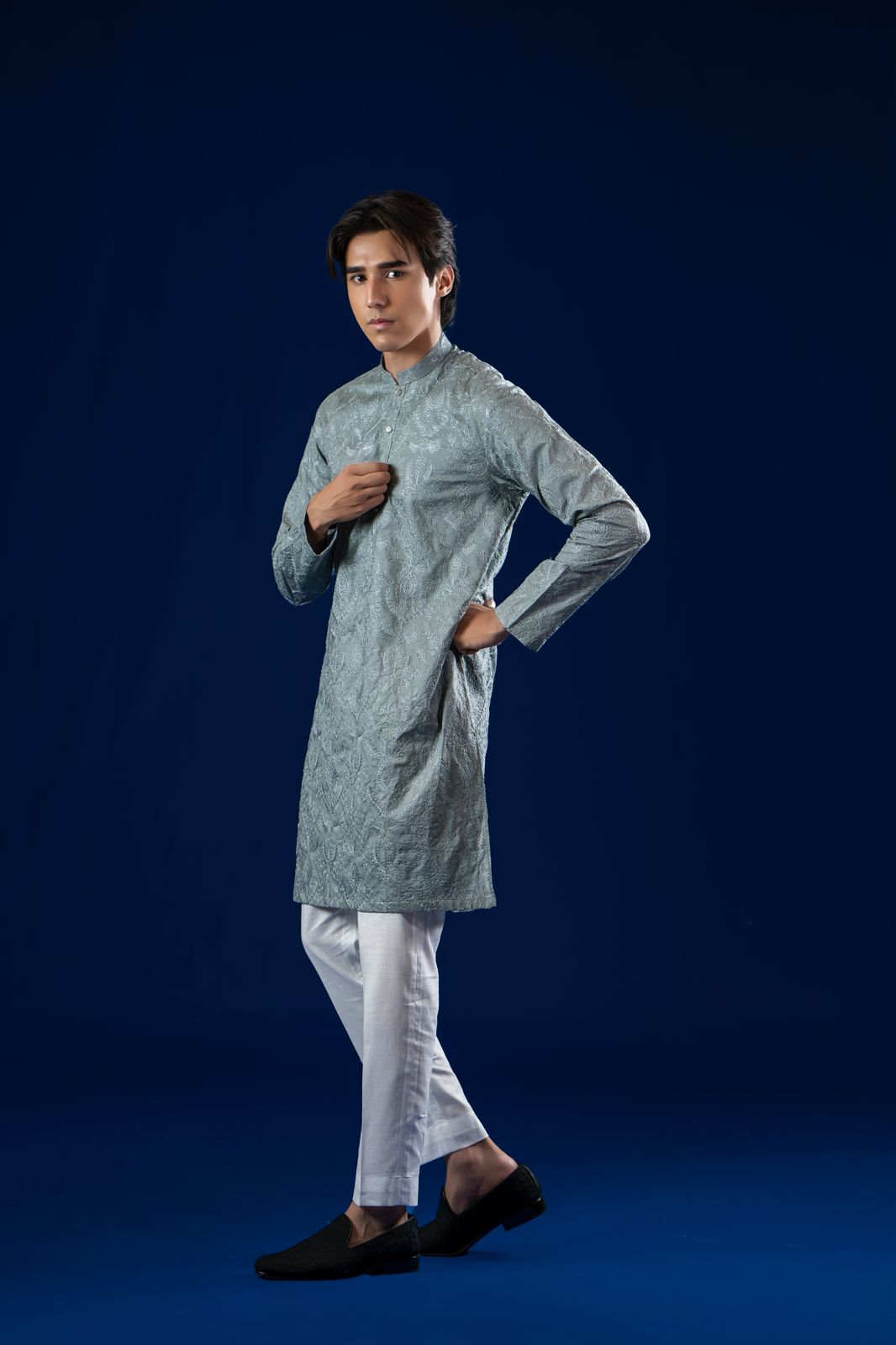 Grey Embroidered Cotton Kurta with White Trousers (2-Piece) - Image 1
