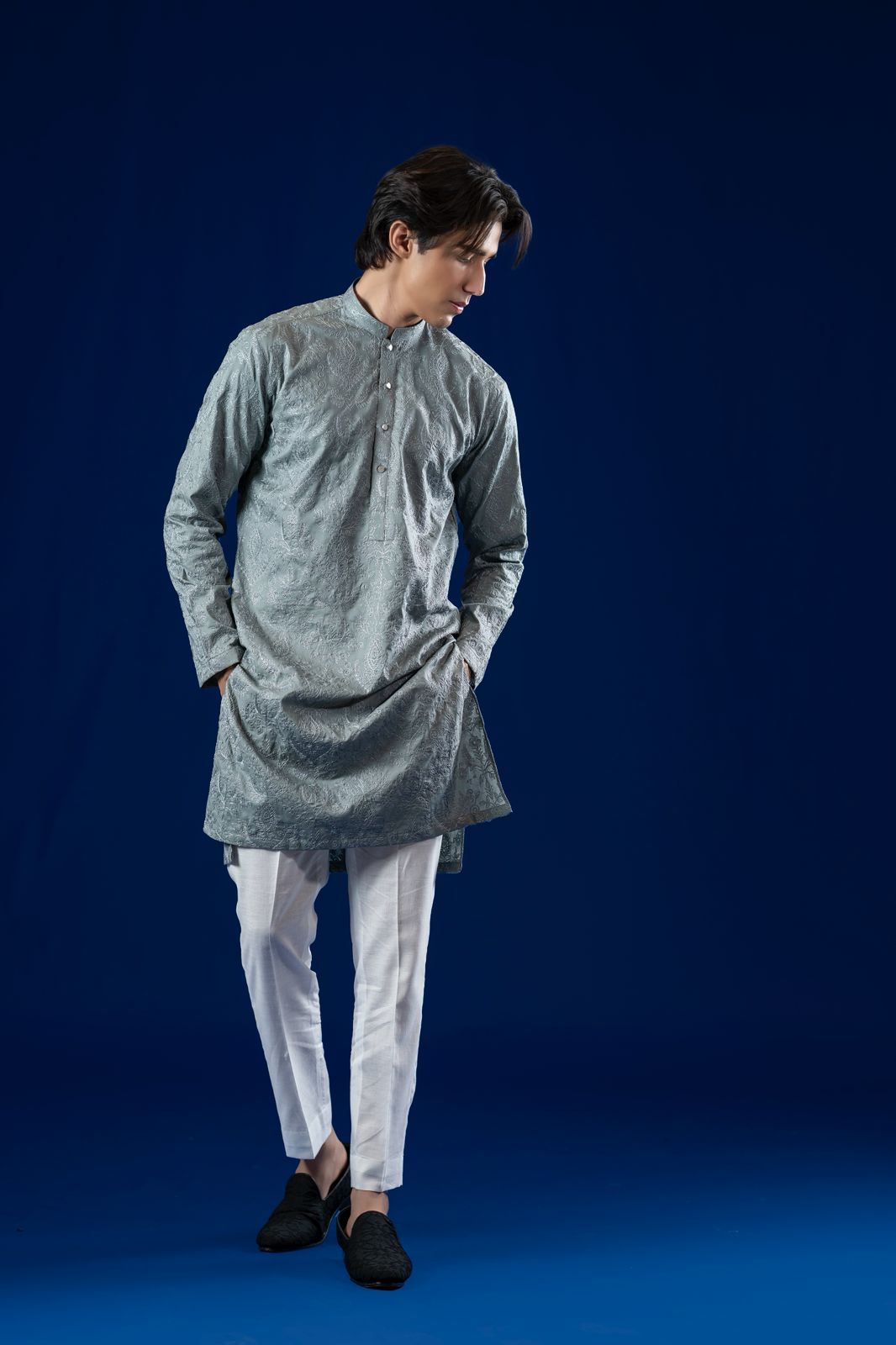 Grey Embroidered Cotton Kurta with White Trousers (2-Piece) - Image 3