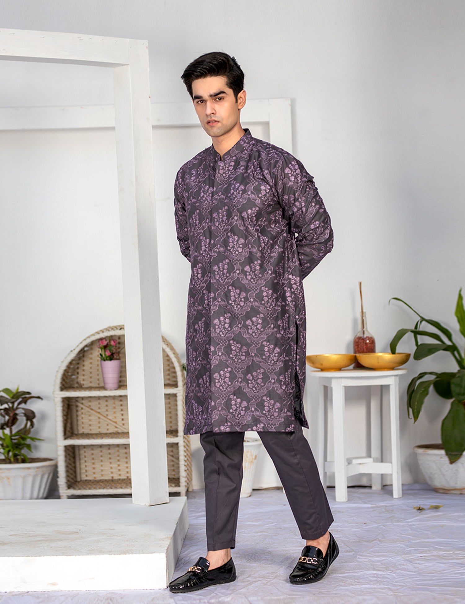 Grey Embroidered Cotton Kurta Set (2-Piece) - Image 1
