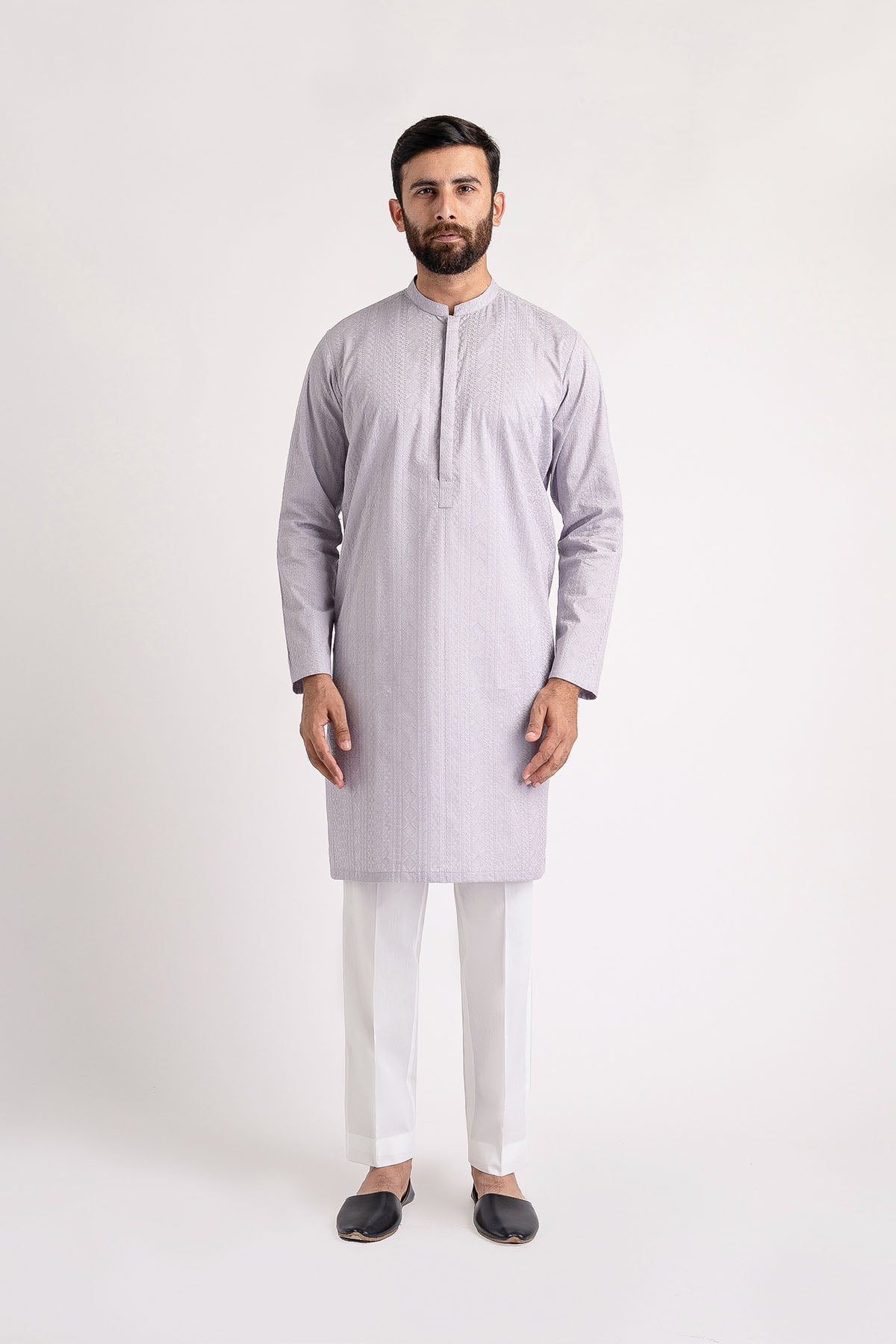 Grey Embroidered Cotton Kurta (2-Piece) - Image 3