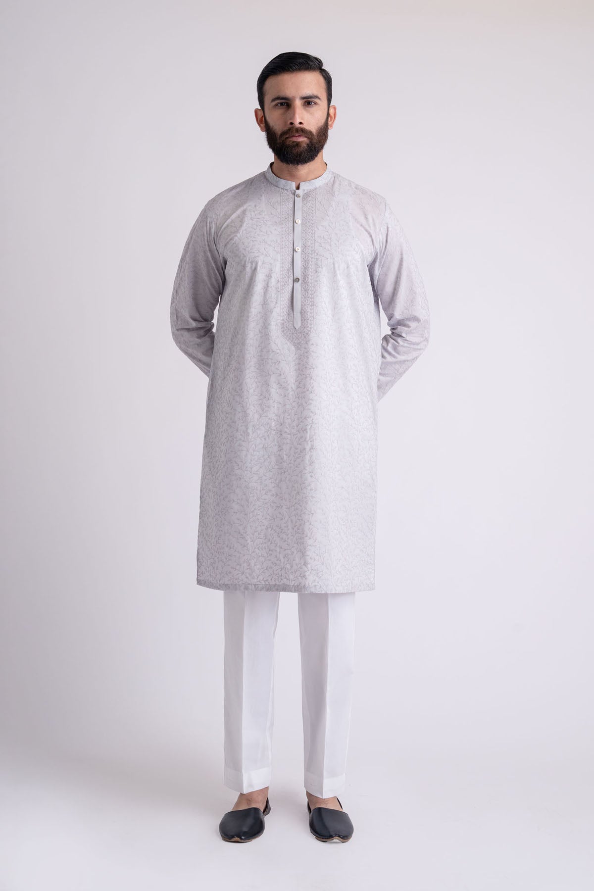 Grey Embroidered Cotton Kurta (1-Pc) - Image 1