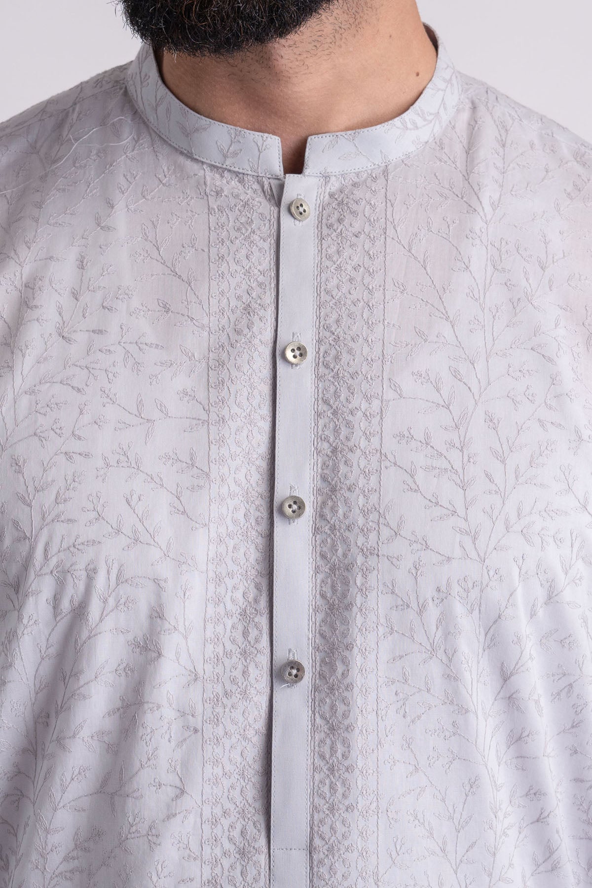 Grey Embroidered Cotton Kurta (1-Pc) - Image 2