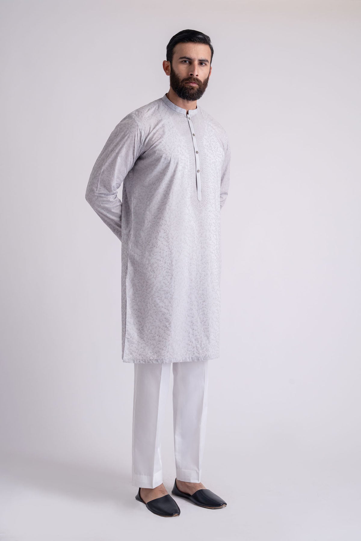 Grey Embroidered Cotton Kurta (1-Pc) - Image 3