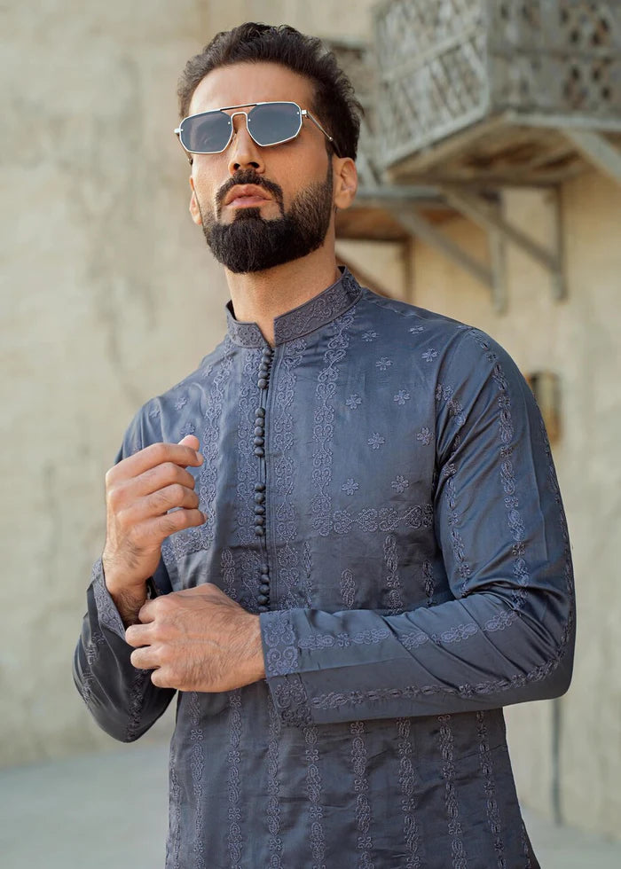 Metallic Grey Embroidered Cotton Kurta Set (2-Piece) - Image 1
