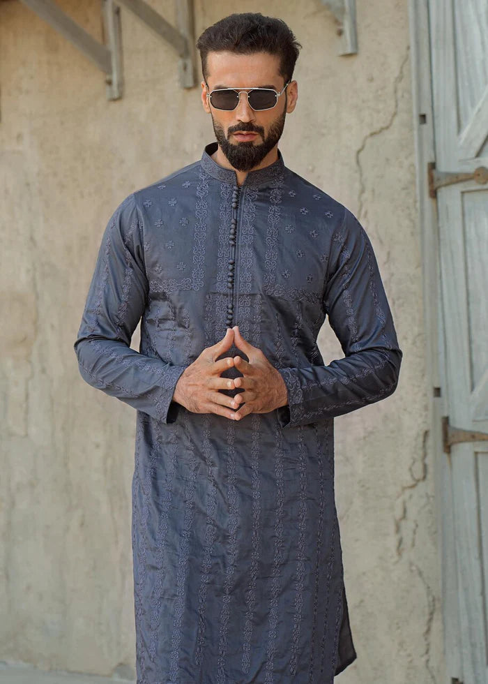 Metallic Grey Embroidered Cotton Kurta Set (2-Piece) - Image 2
