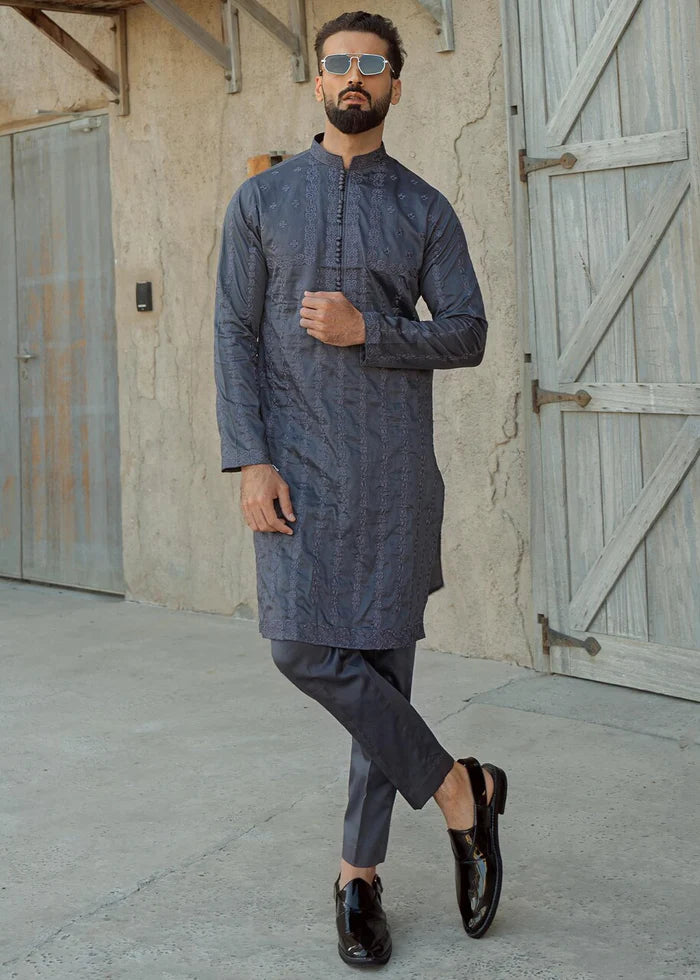 Metallic Grey Embroidered Cotton Kurta Set (2-Piece) - Image 3