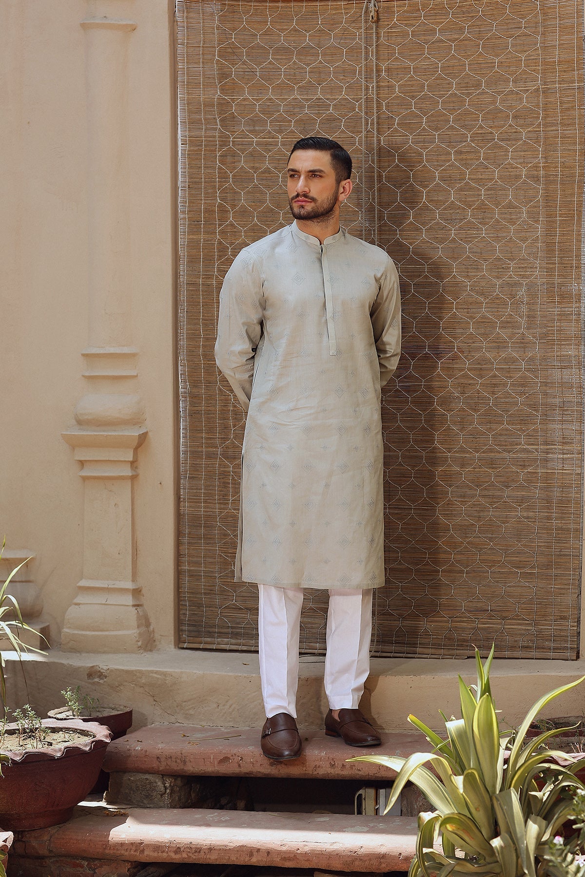 Grey Embroidered Egyptian Cotton Lawn Kurta (2-Piece) - Image 1
