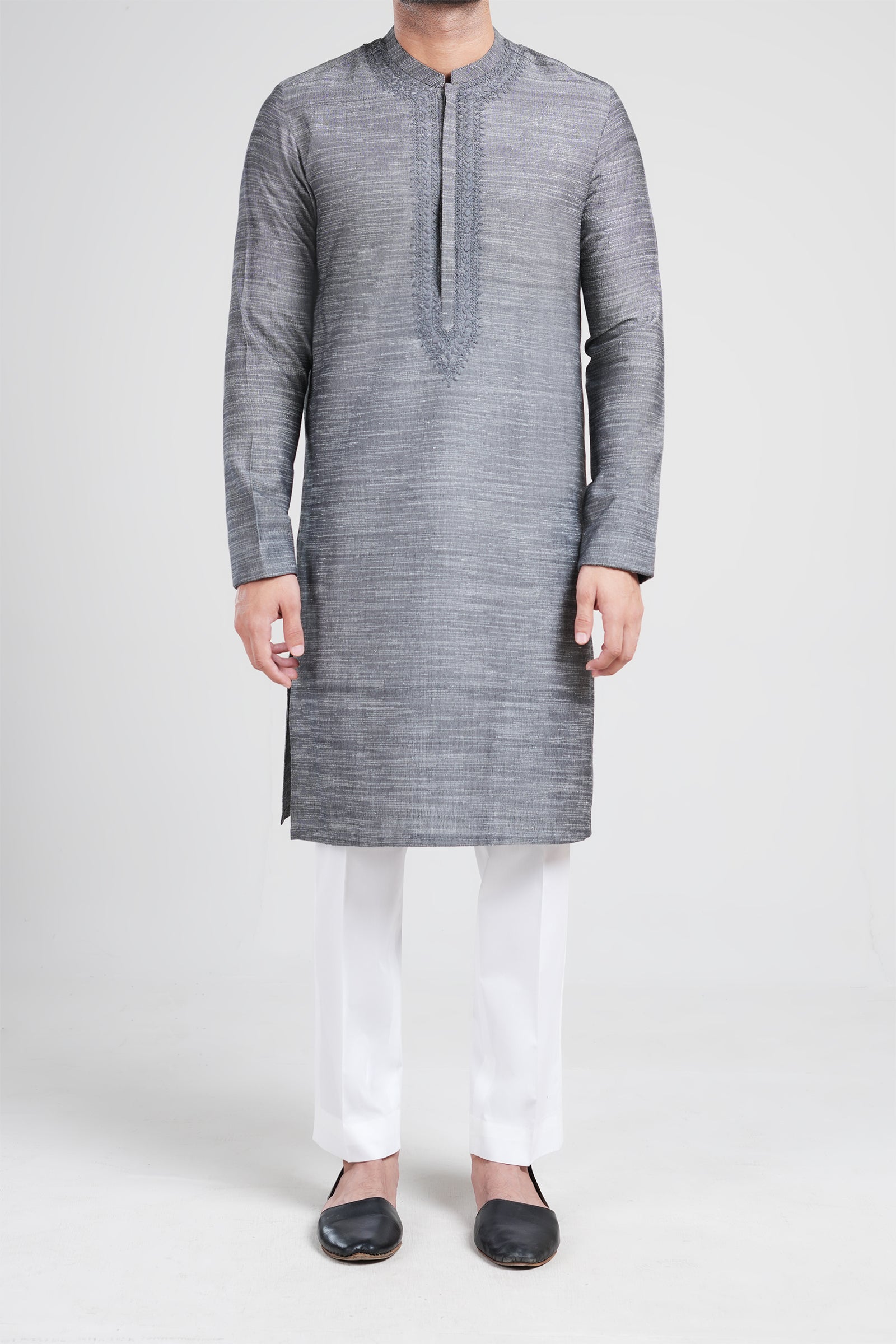 Grey Embroidered Handloomed Khaddar Kurta (2-Piece) - Image 2