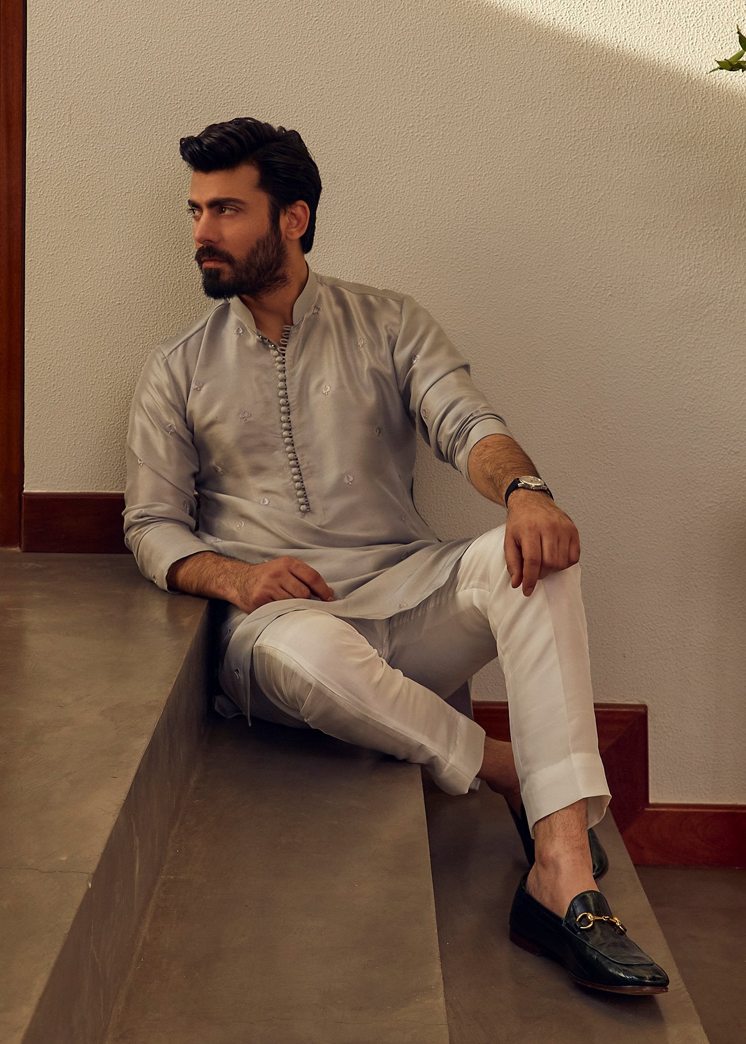 Steel Grey Embroidered Korean Rawsilk Kurta (3-Piece) - Image 1