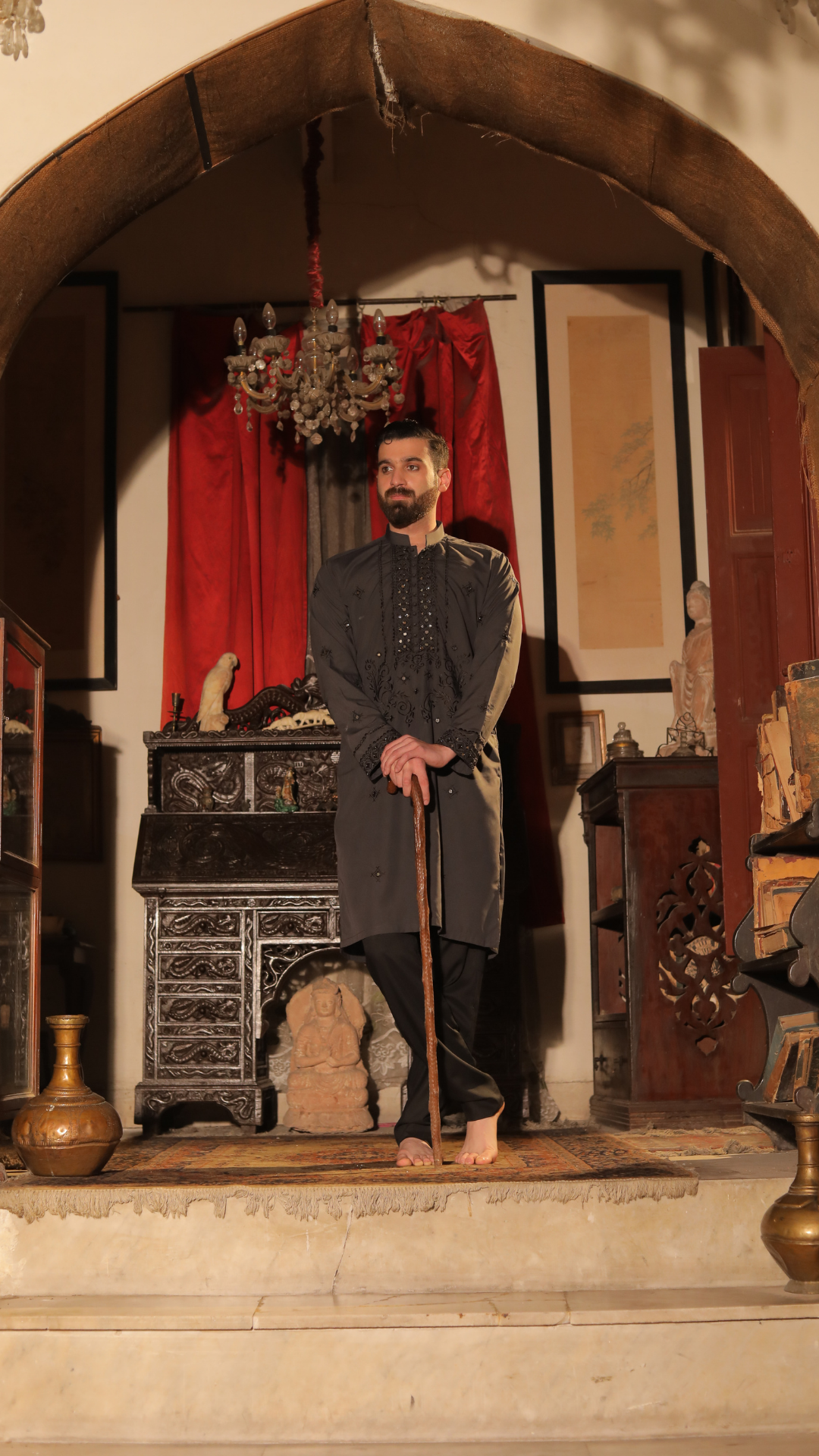 Charcoal Grey Mirror Work Silk-Blend Kurta Pajama (2-Piece) - Image 1