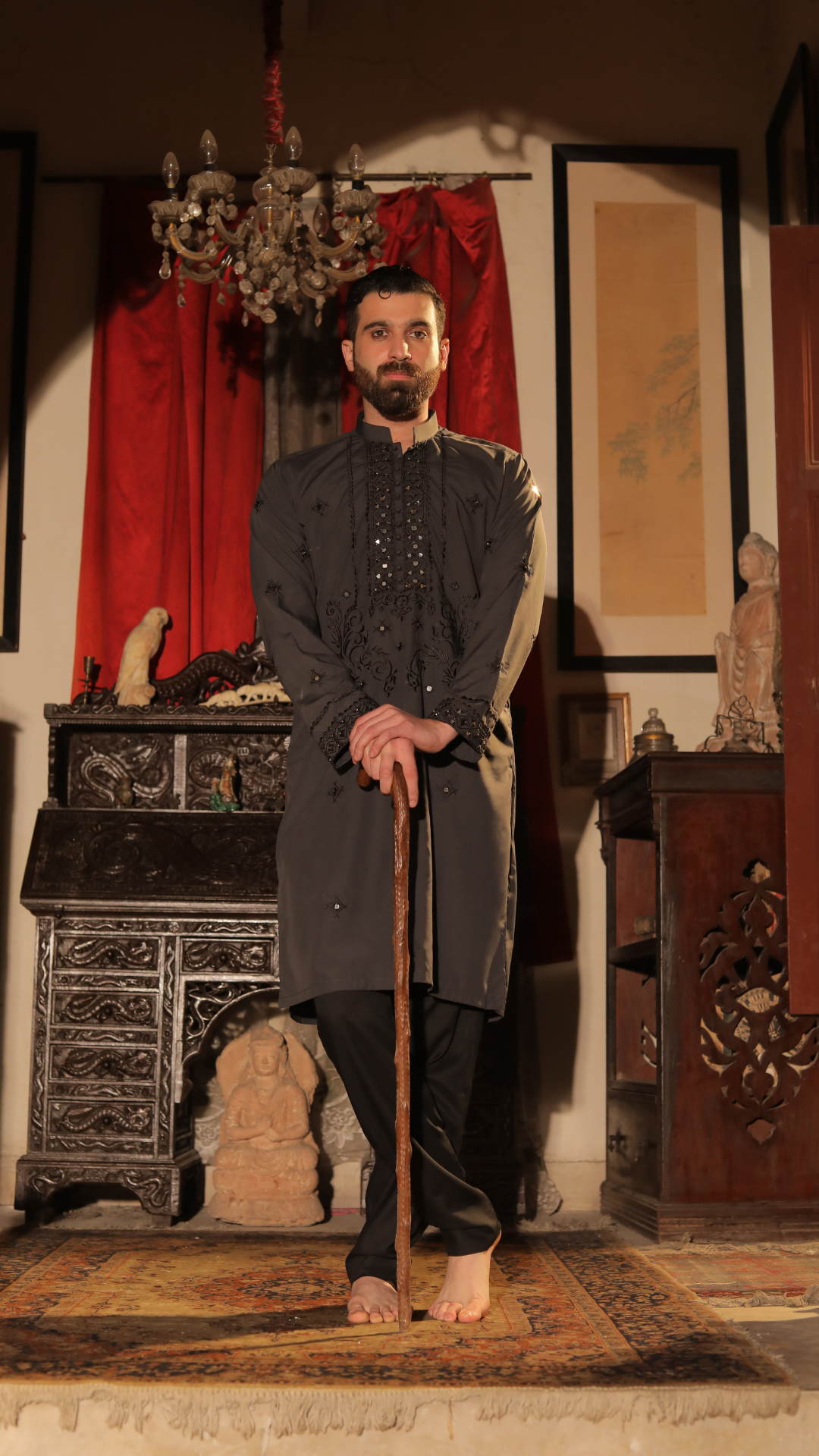 Charcoal Grey Mirror Work Silk-Blend Kurta Pajama (2-Piece) - Image 4