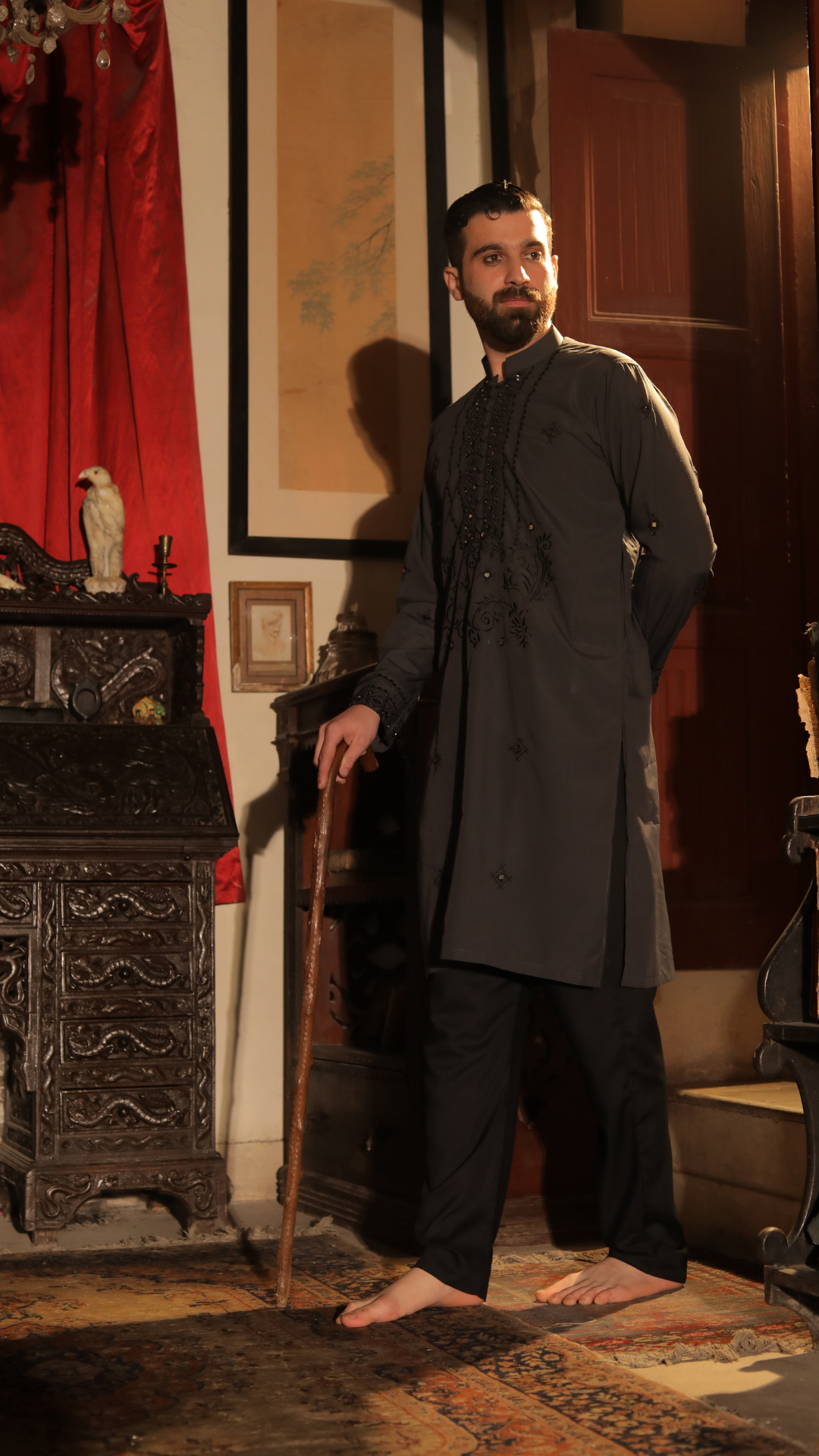 Charcoal Grey Mirror Work Silk-Blend Kurta Pajama (2-Piece) - Image 6