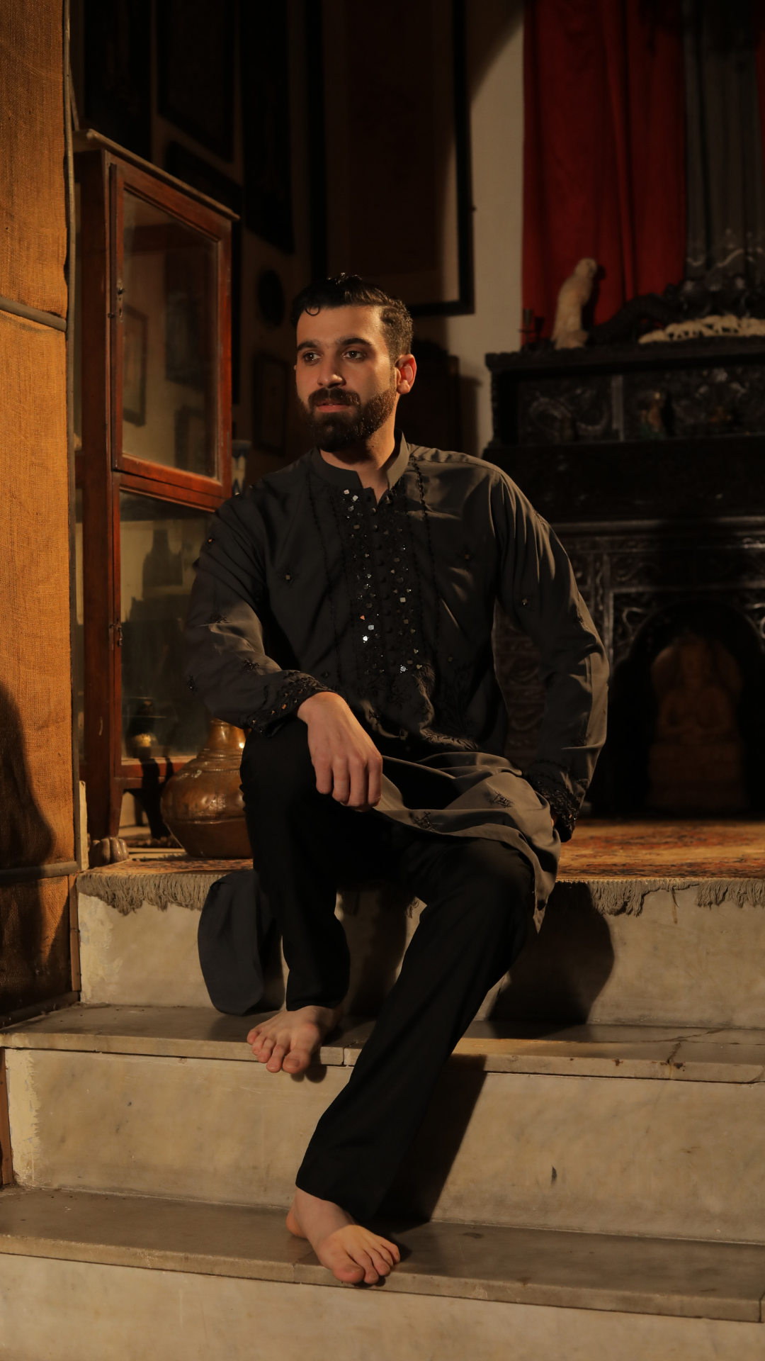 Charcoal Grey Mirror Work Silk-Blend Kurta Pajama (2-Piece) - Image 7