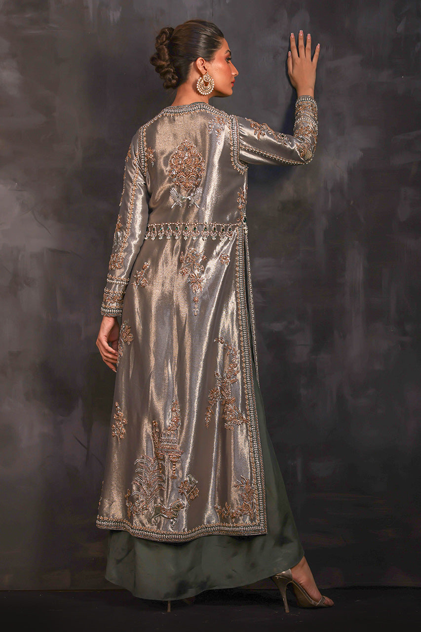 Steel Grey Embroidered Metallic Silk Jacket with Dhoti (2-Piece) - Image 2