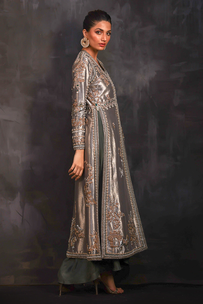 Steel Grey Embroidered Metallic Silk Jacket with Dhoti (2-Piece) - Image 3
