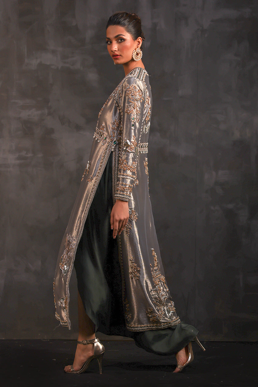 Steel Grey Embroidered Metallic Silk Jacket with Dhoti (2-Piece) - Image 4