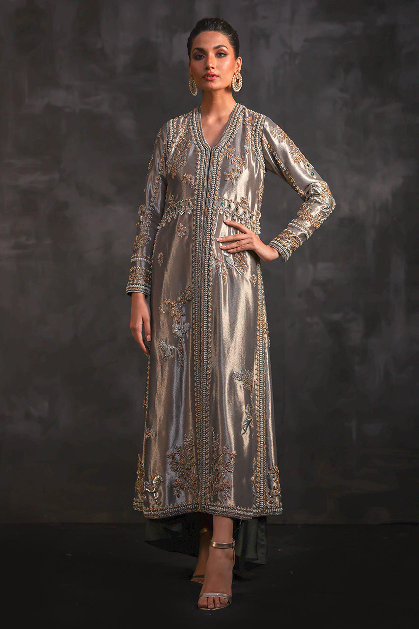 Steel Grey Embroidered Metallic Silk Jacket with Dhoti (2-Piece) - Image 5