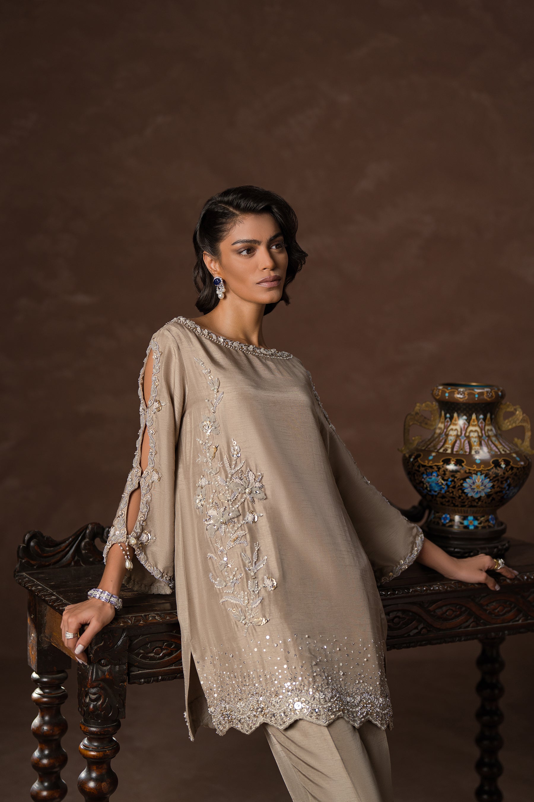 Pakistani Greige Hand-Embellished Blended Silk Kaftan (3-Piece) - Image 2