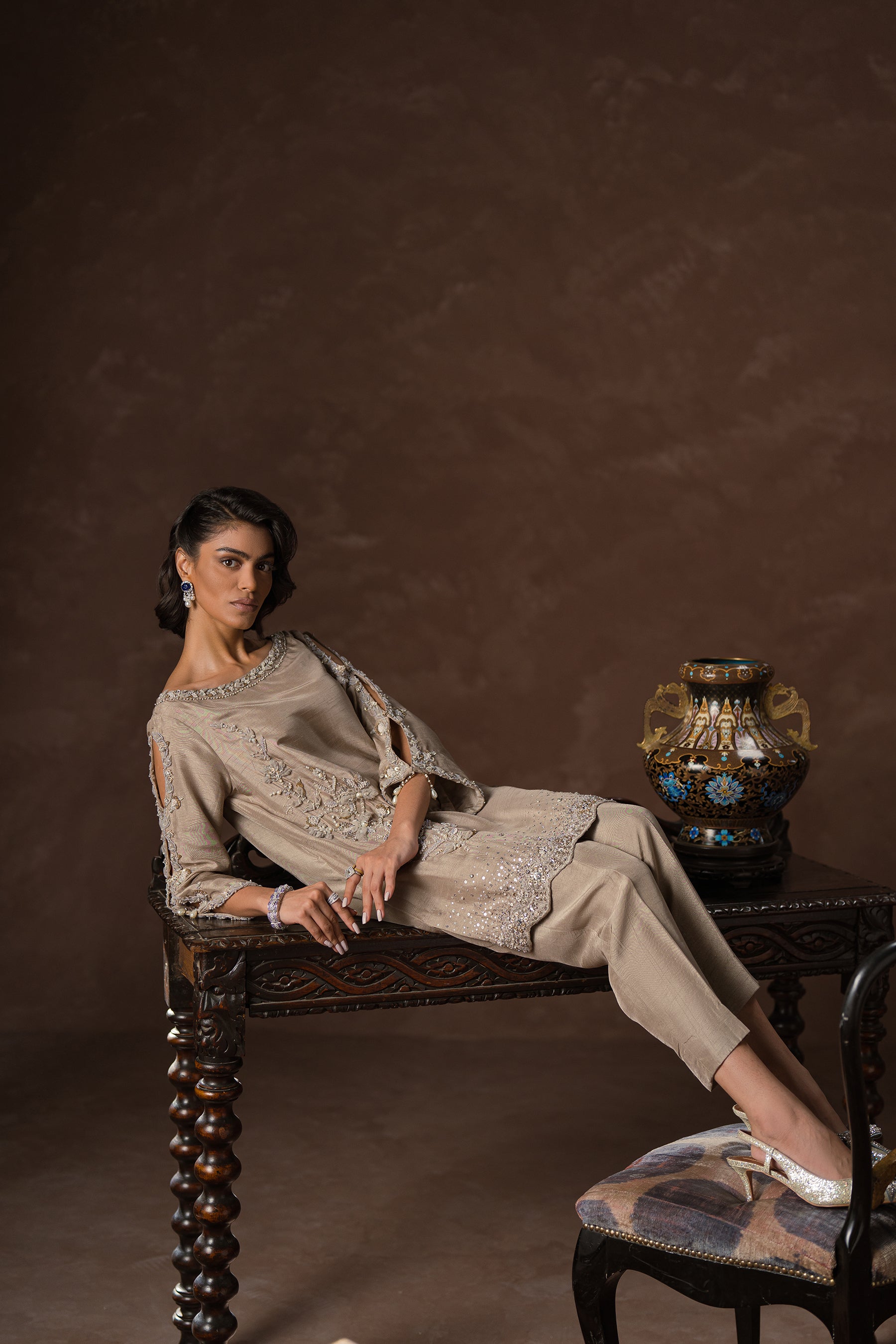 Pakistani Greige Hand-Embellished Blended Silk Kaftan (3-Piece) - Image 6