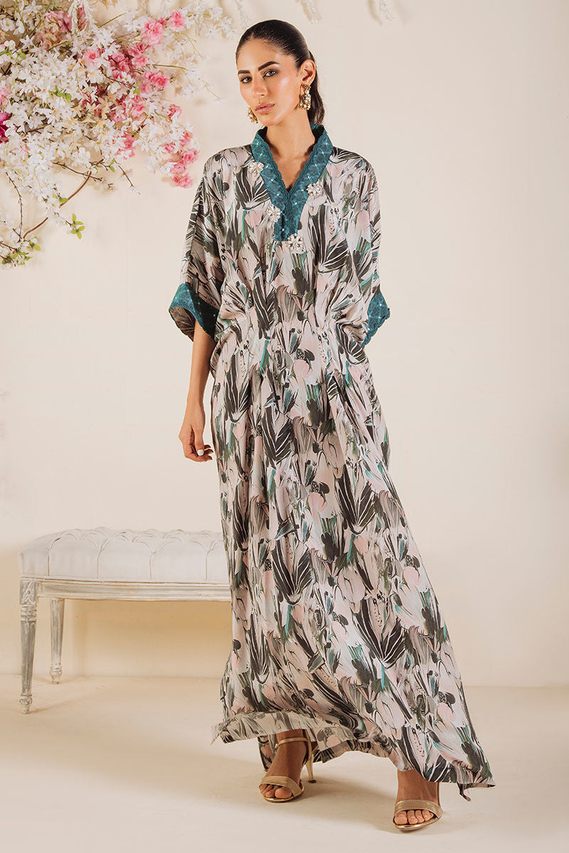 Pakistani Green Accented Printed Pure Crepe Silk Kaftan (1-Pc) - Image 1