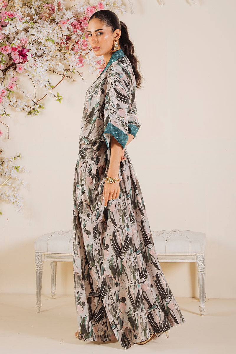 Pakistani Green Accented Printed Pure Crepe Silk Kaftan (1-Pc) - Image 3