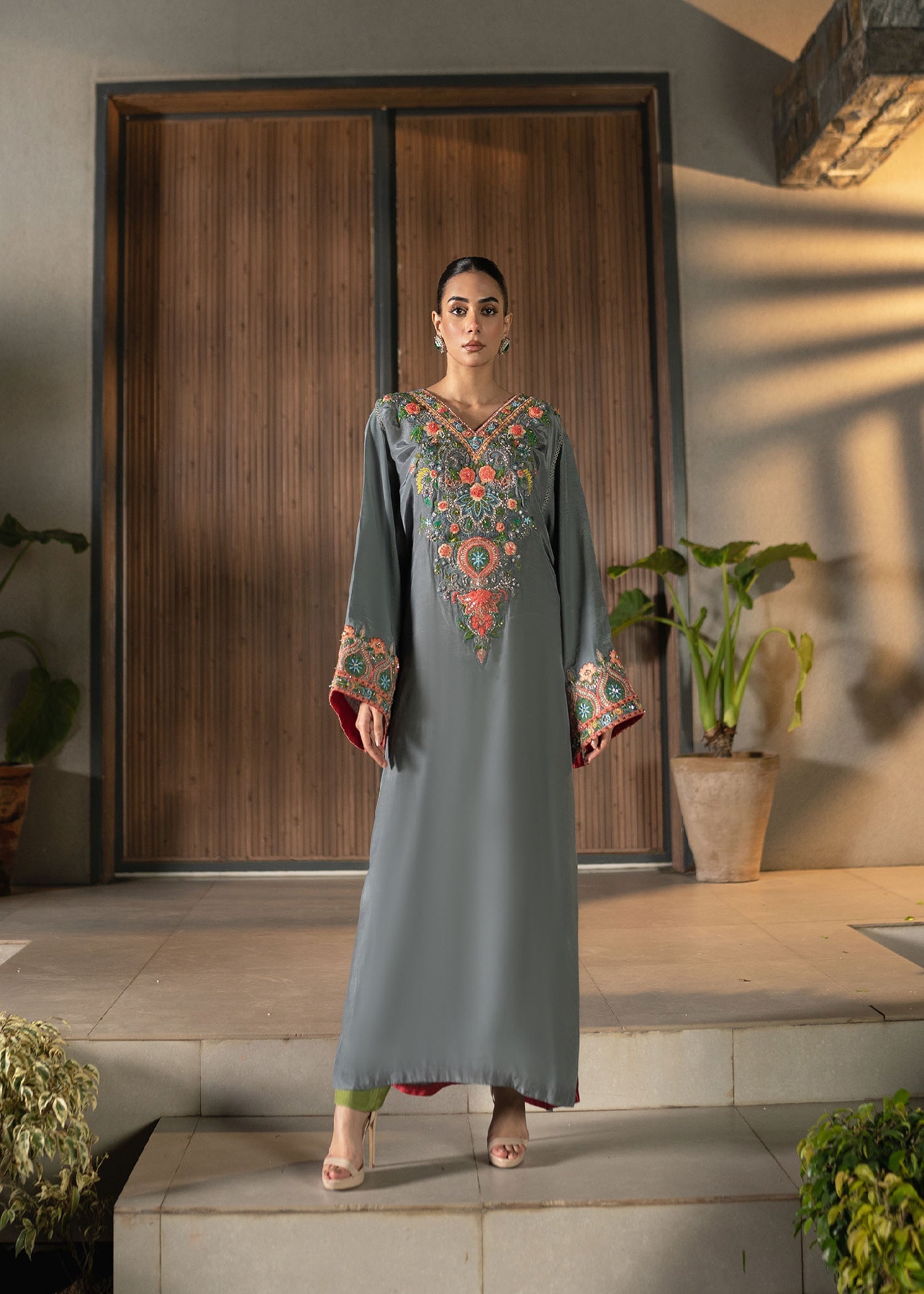 Slate Grey Embroidered Raw Silk Kaftan (1-Pc) - Image 1