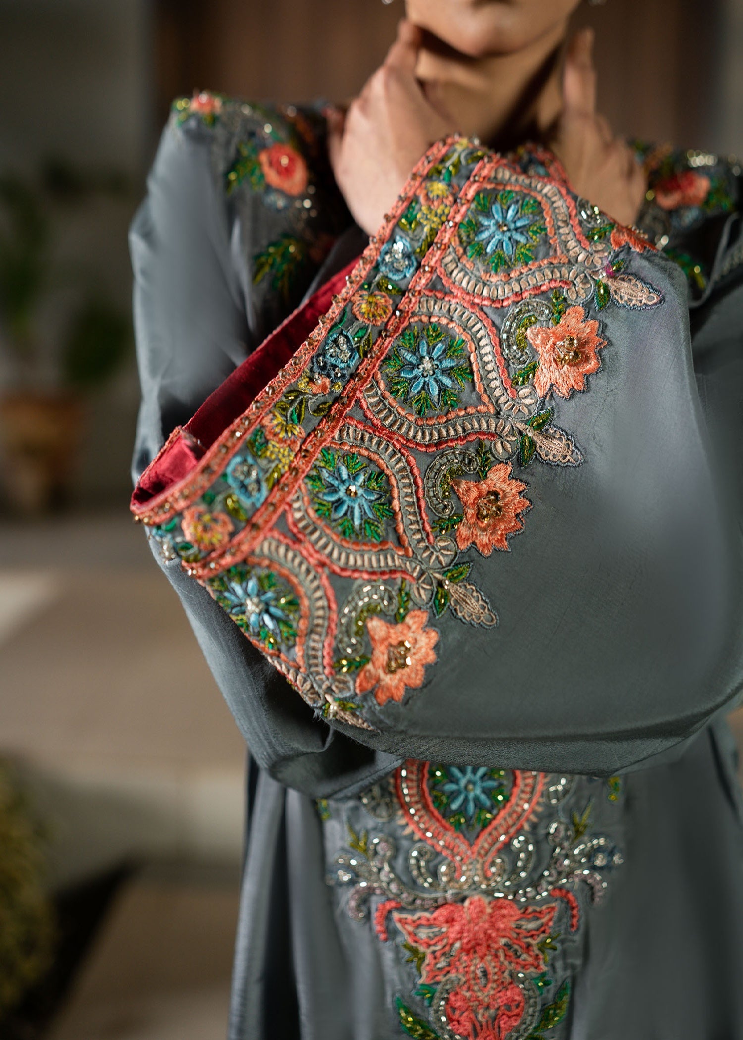 Slate Grey Embroidered Raw Silk Kaftan (1-Pc) - Image 2