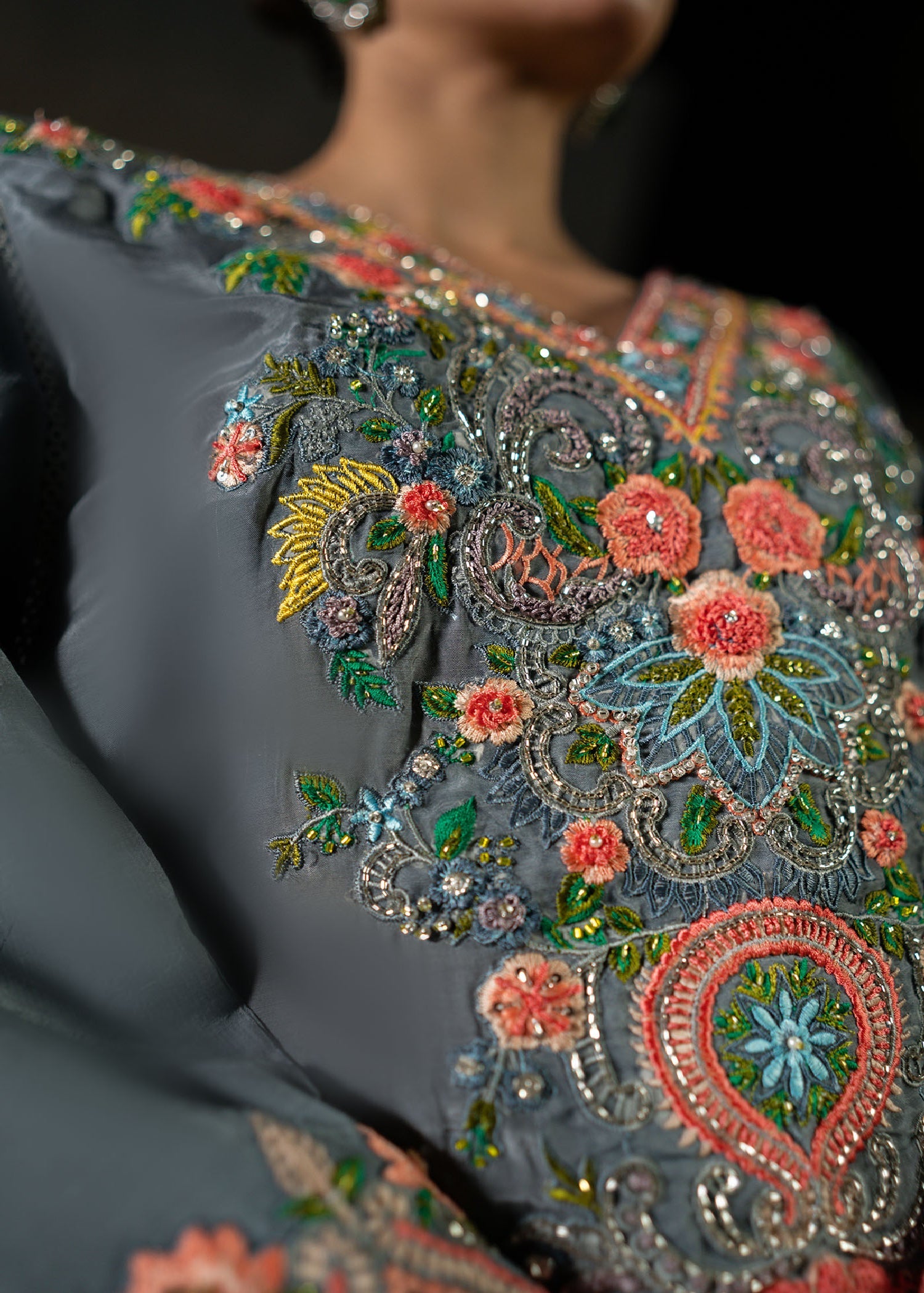 Slate Grey Embroidered Raw Silk Kaftan (1-Pc) - Image 3