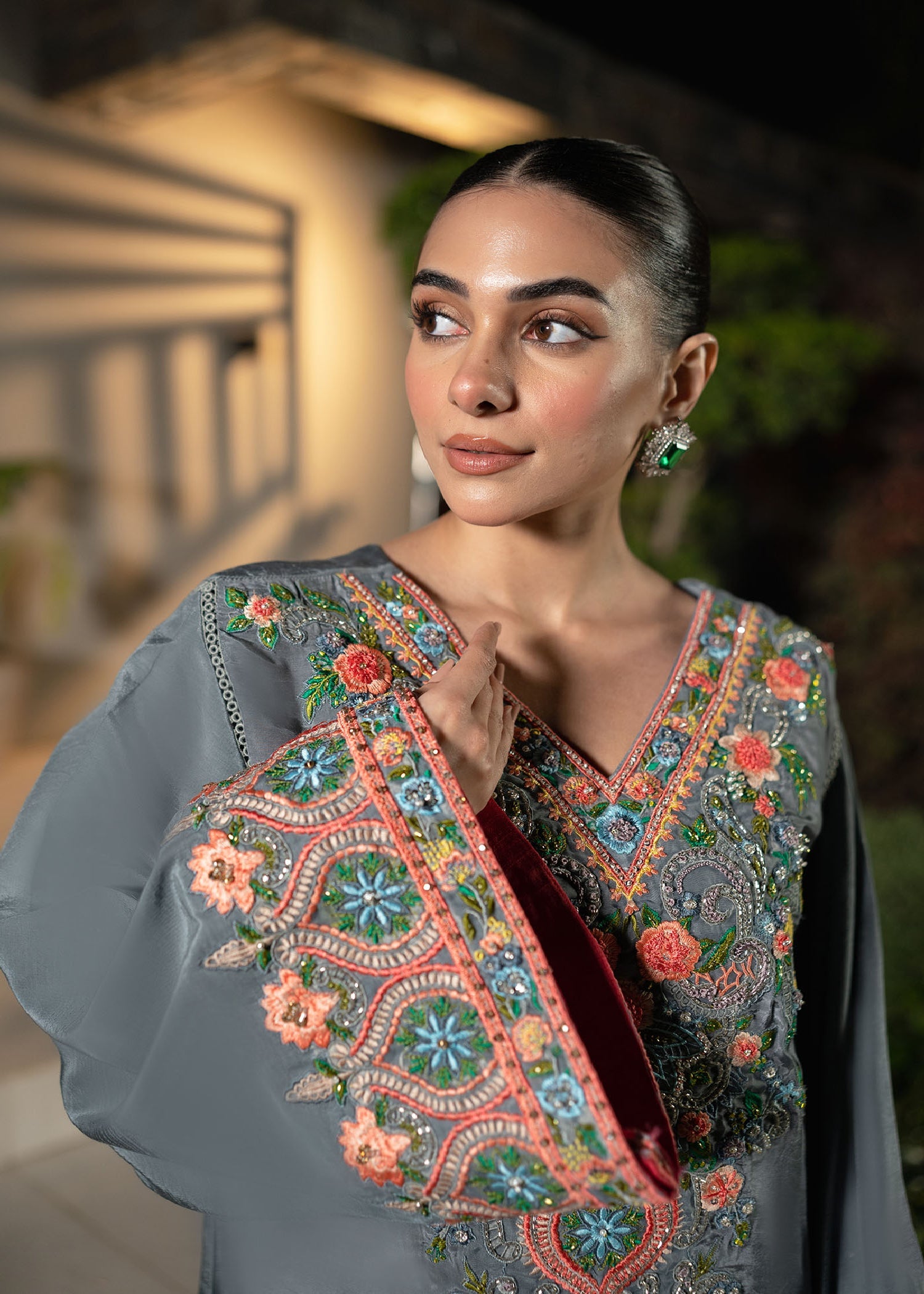 Slate Grey Embroidered Raw Silk Kaftan (1-Pc) - Image 4