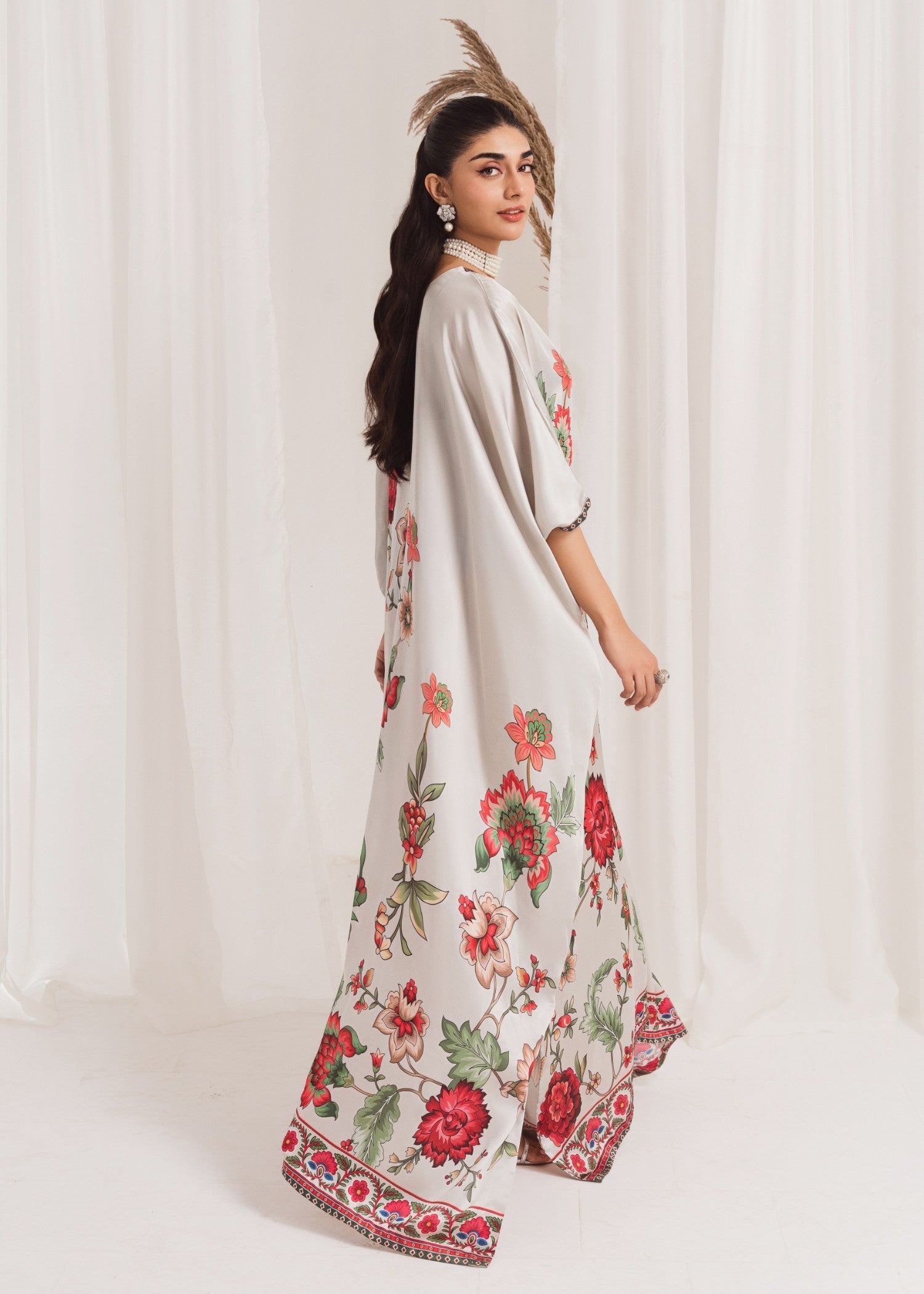 Grey Printed Silk Kaftan (1-Pc) - Image 2