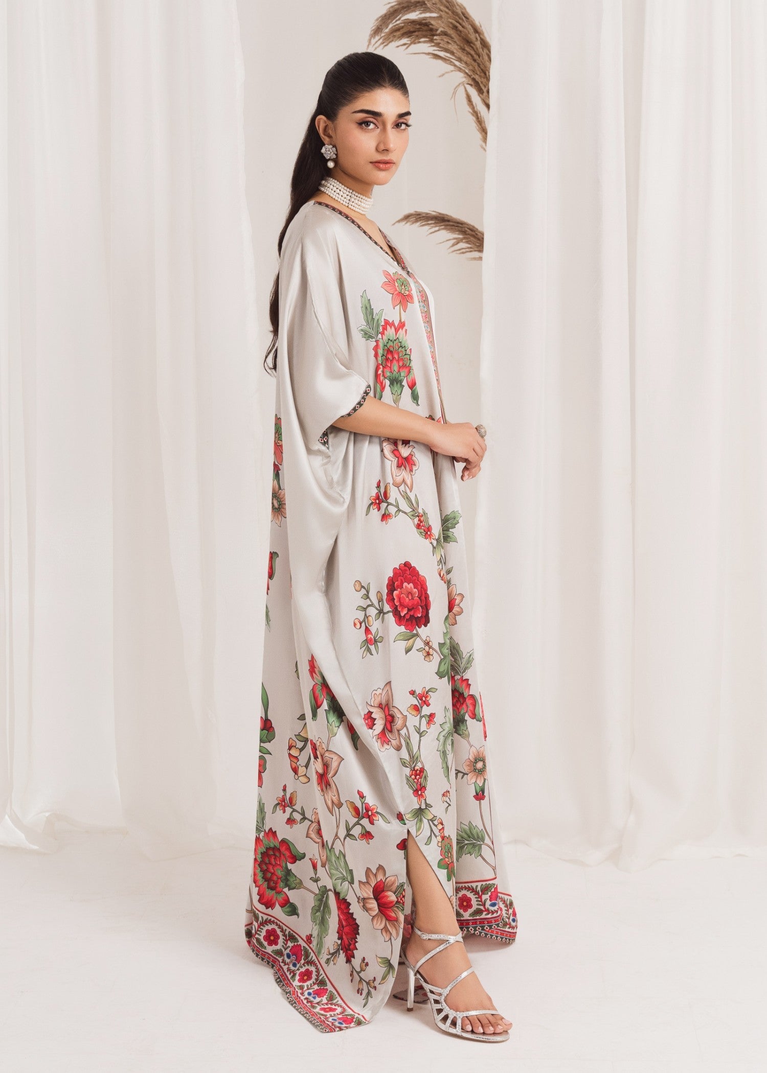 Grey Printed Silk Kaftan (1-Pc) - Image 3