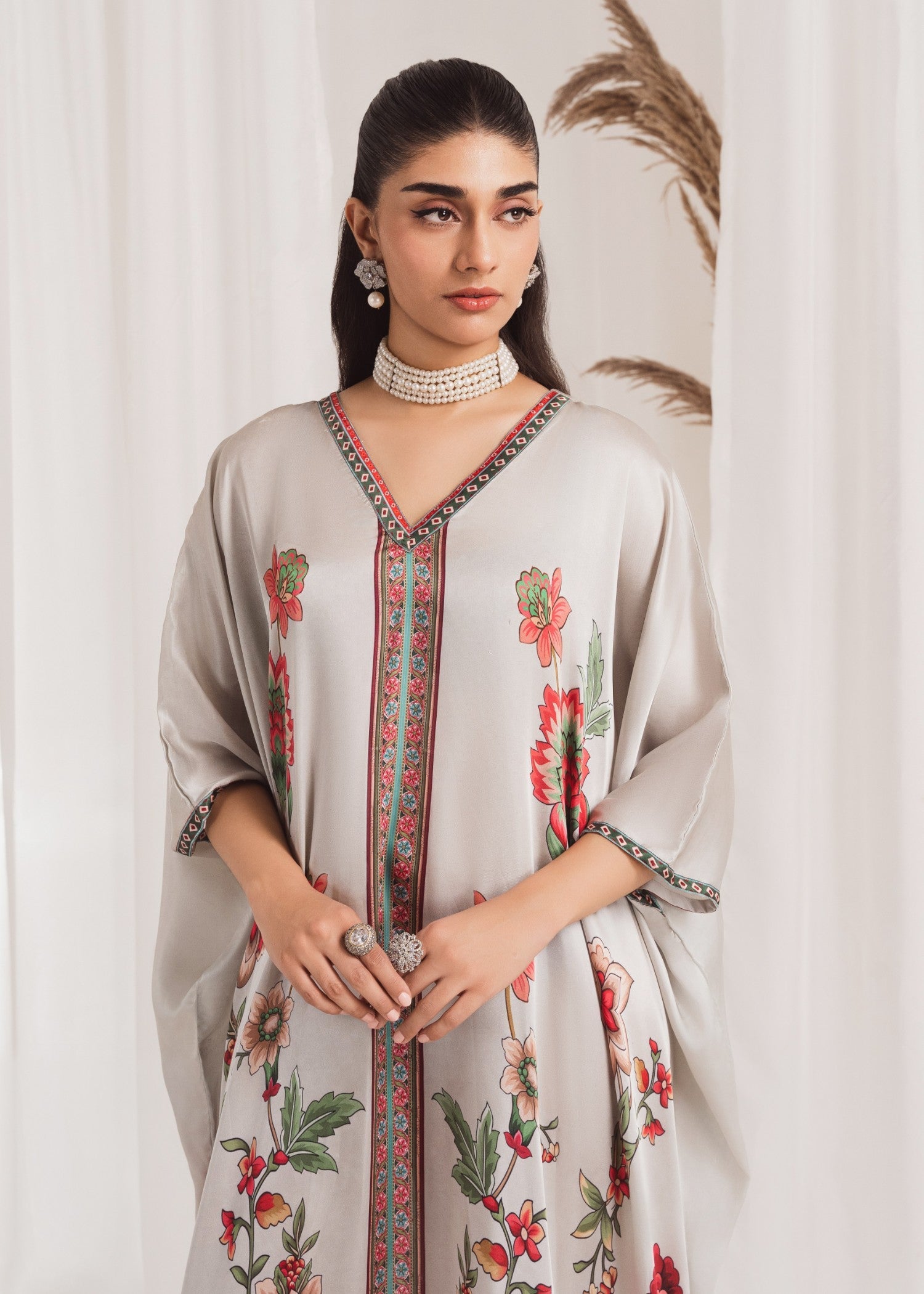 Grey Printed Silk Kaftan (1-Pc) - Image 6