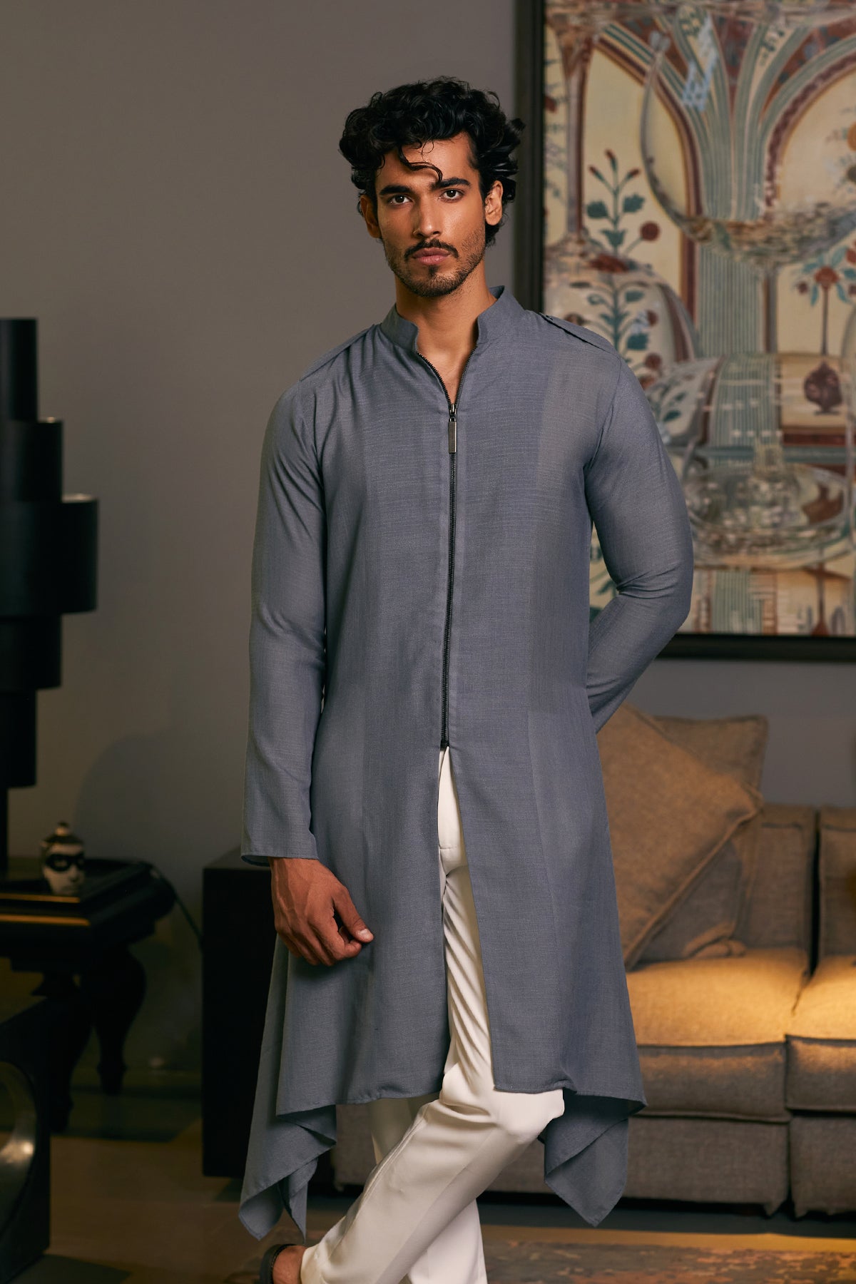 Slate Blended Linen Drape Kurta (2-Piece) - Image 1