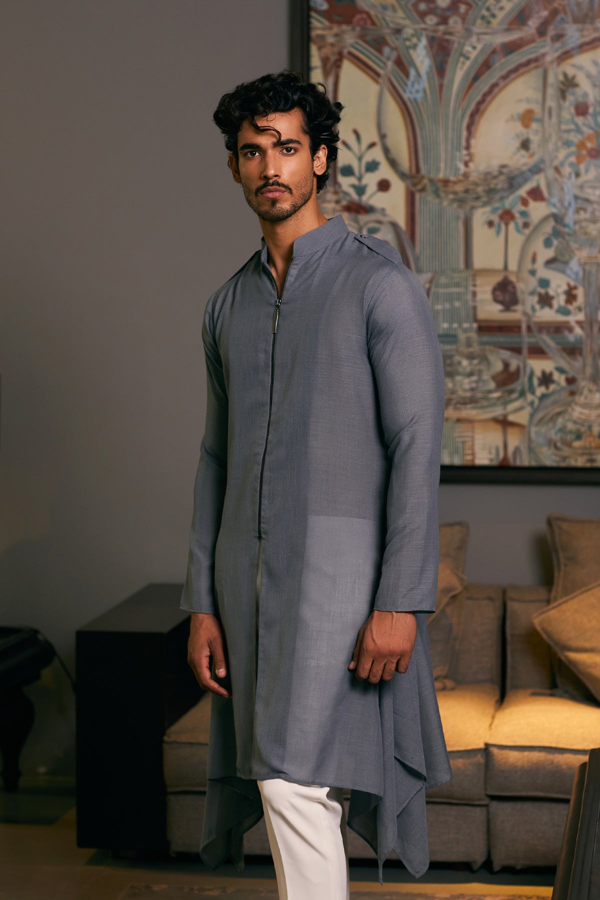 Slate Blended Linen Drape Kurta (2-Piece) - Image 2