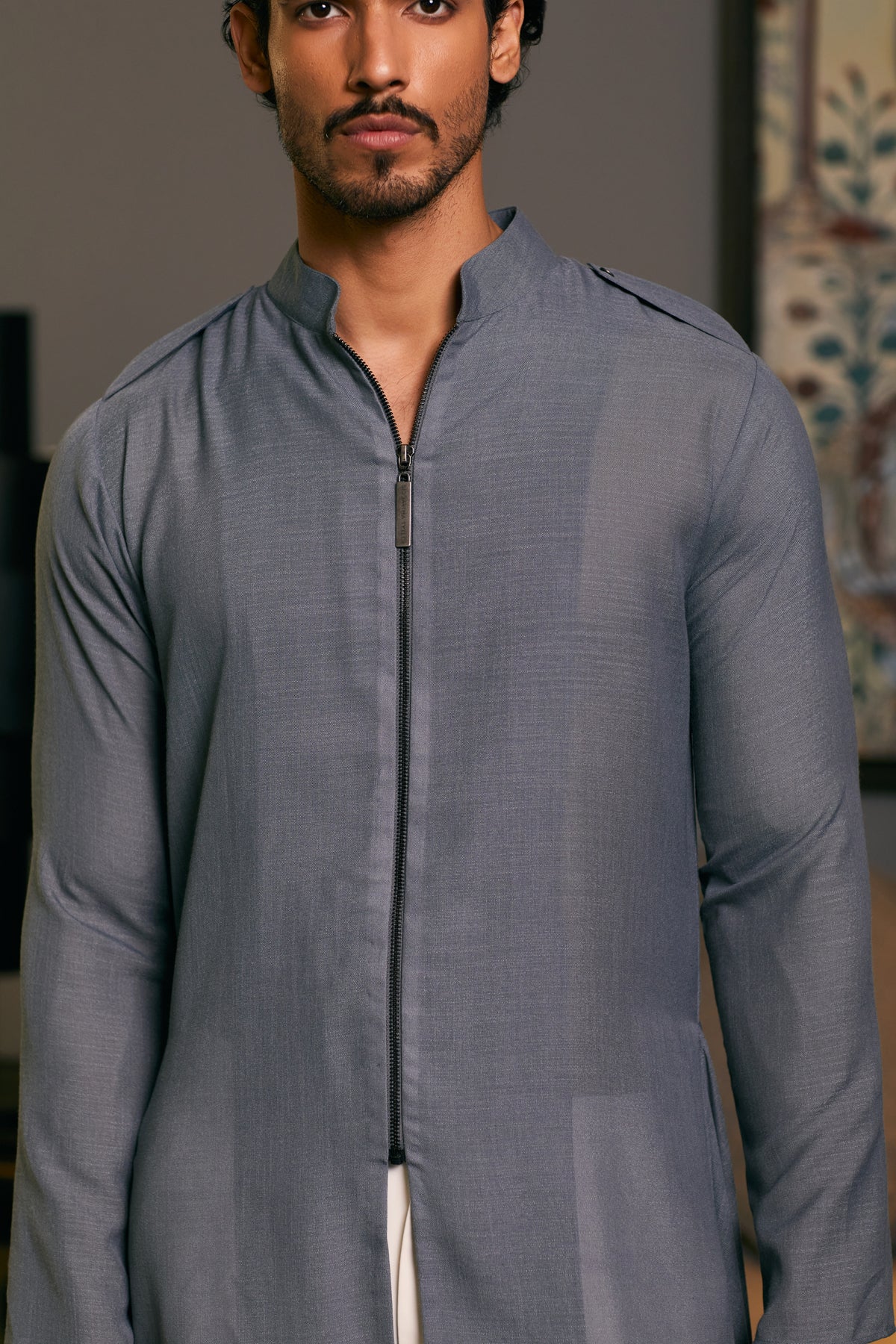 Slate Blended Linen Drape Kurta (2-Piece) - Image 3