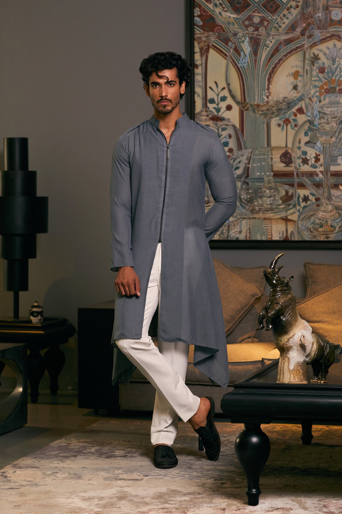 Slate Blended Linen Drape Kurta (2-Piece) - Image 4