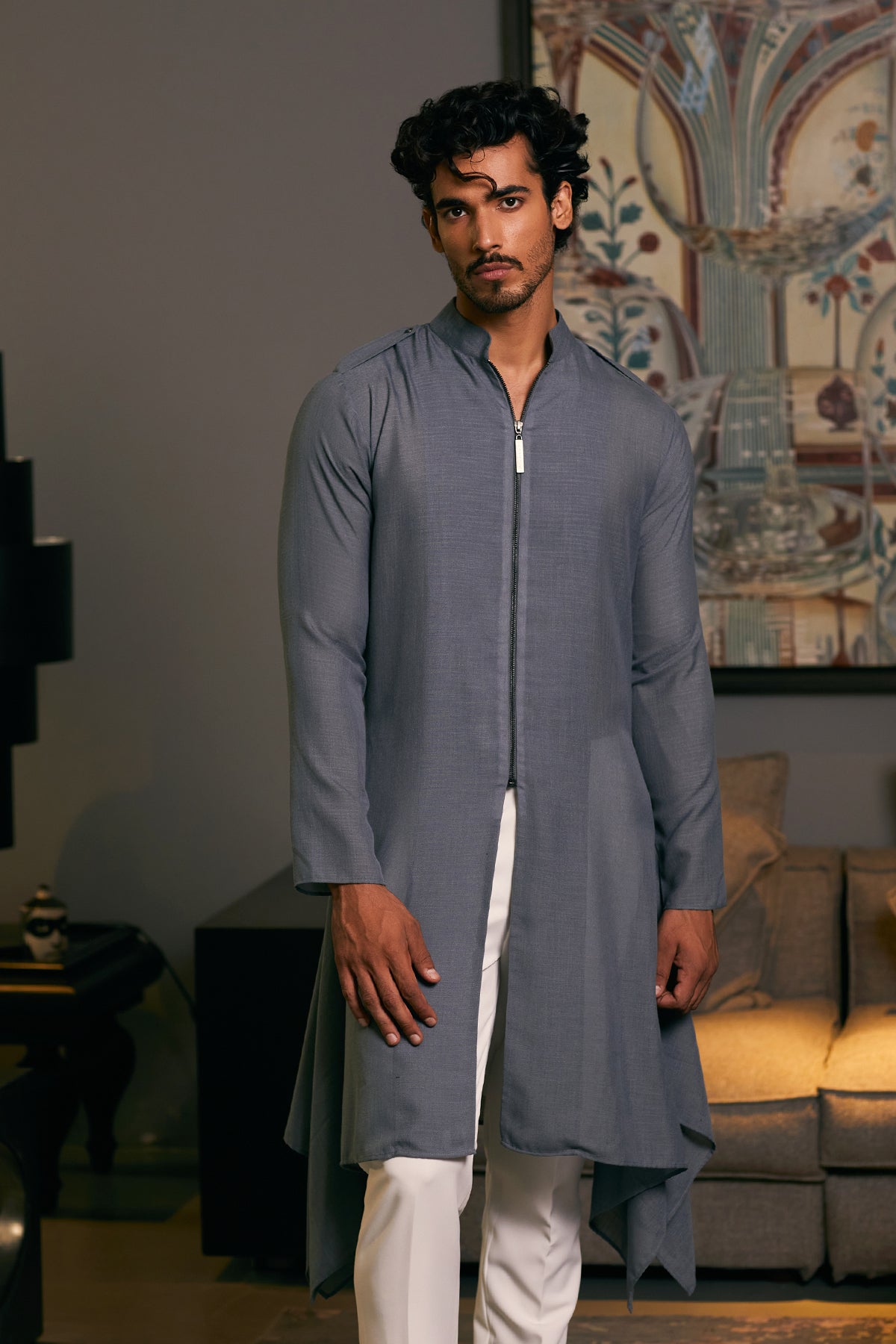 Slate Blended Linen Drape Kurta (2-Piece) - Image 5