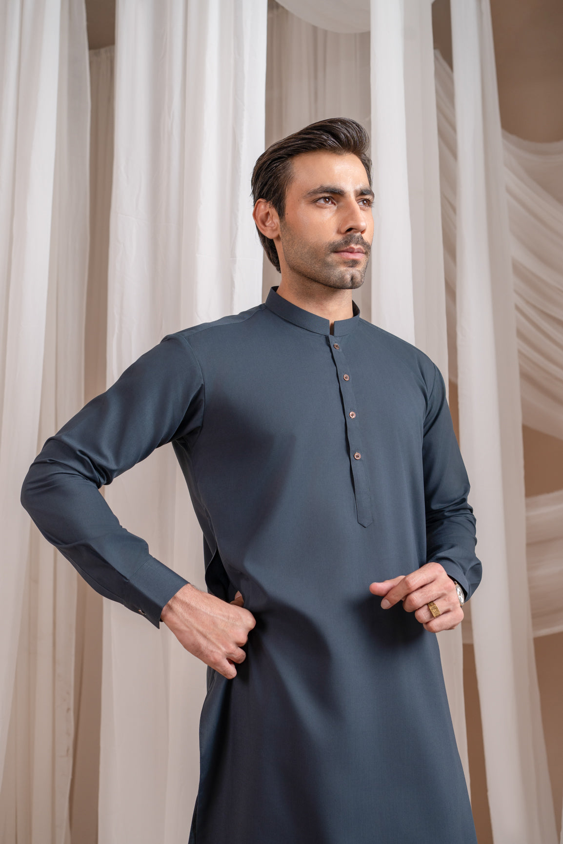 Charcoal Grey Blended Fabric Kurta Pajama (2-Piece) - Image 2