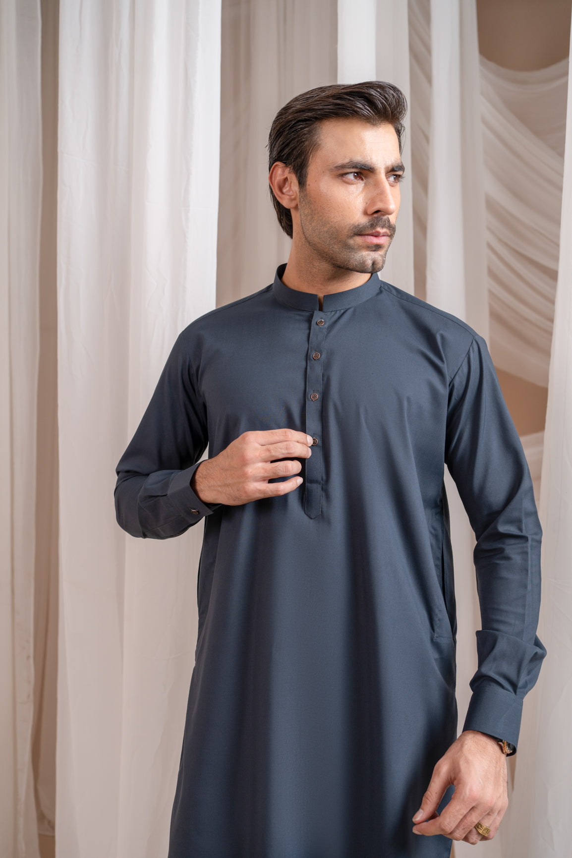 Charcoal Grey Blended Fabric Kurta Pajama (2-Piece) - Image 3