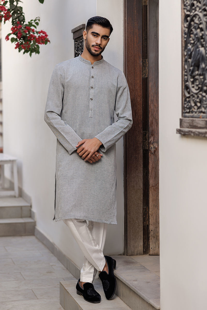 Light Grey Thread Work Chambray Kurta (2-Piece) - Image 1