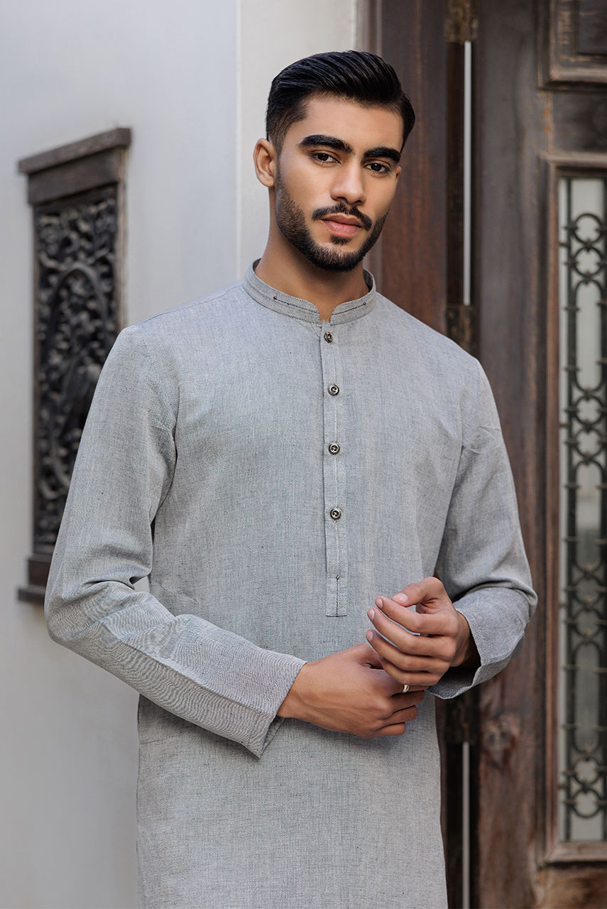 Light Grey Thread Work Chambray Kurta (2-Piece) - Image 3