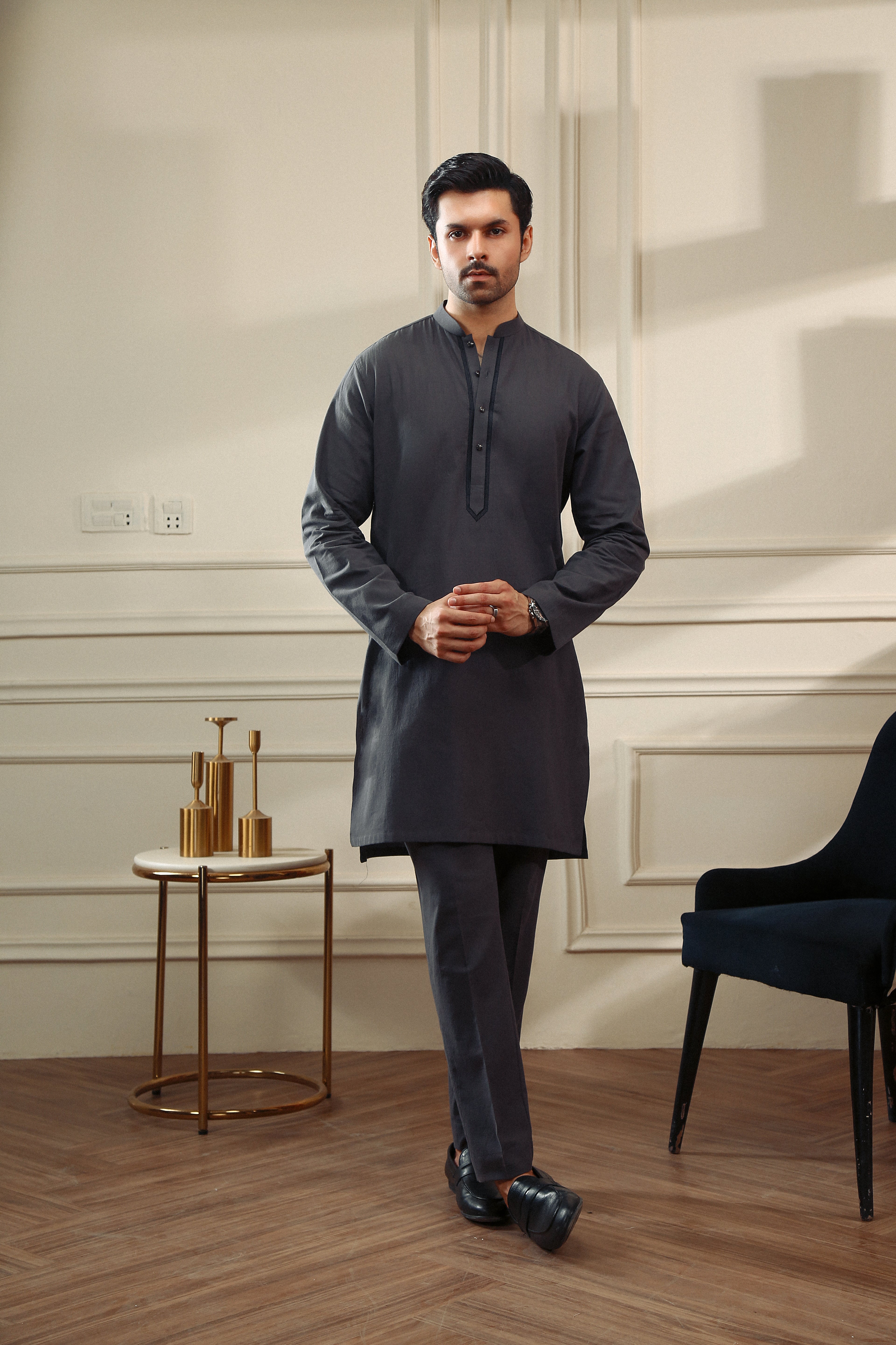 Grey Embroidered Cotton Chambray Kurta Trouser (2-Piece) - Image 1