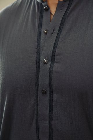 Grey Embroidered Cotton Chambray Kurta Trouser (2-Piece) - Image 5