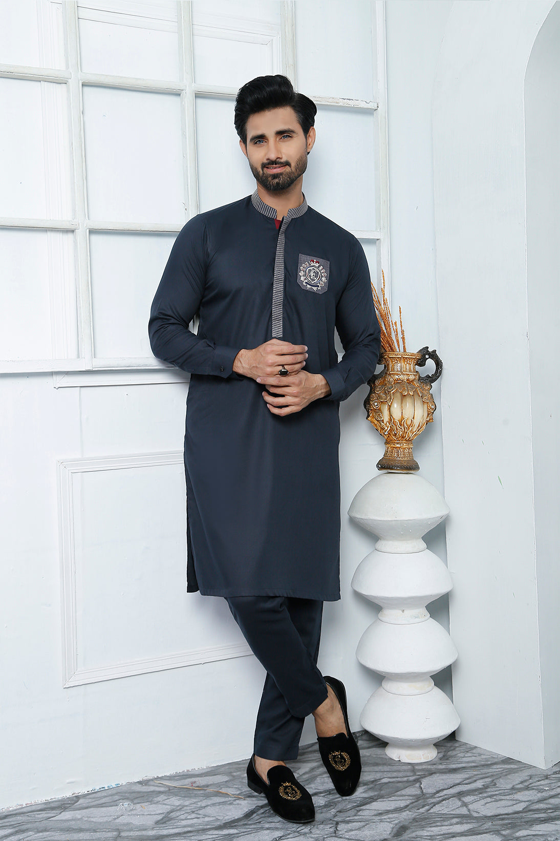Grey Monogram Embroidered Cotton Kurta Pajama (2-Piece) - Image 1